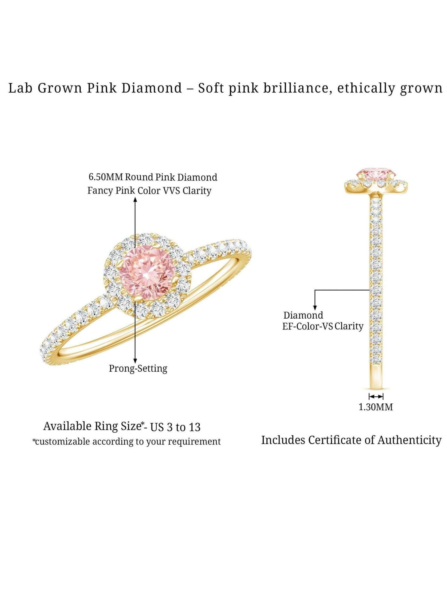 Lab Grown Pink White Diamond Halo Engagement Ring with IGI Certificate - Courbe et Compagnie