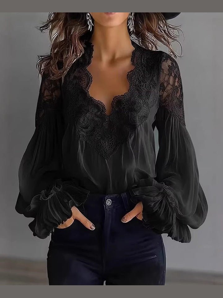 Lace-Panel Puff Sleeve Pleated Ruffle Shirt | Ballet Style - Courbe et Compagnie