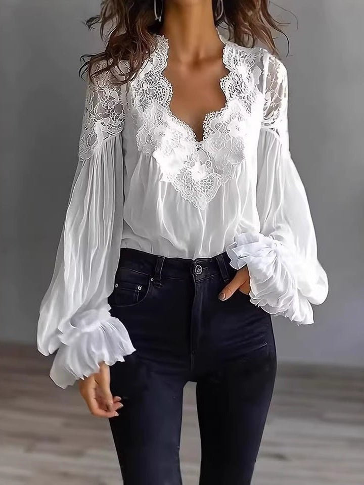 Lace-Panel Puff Sleeve Pleated Ruffle Shirt | Ballet Style - Courbe et Compagnie