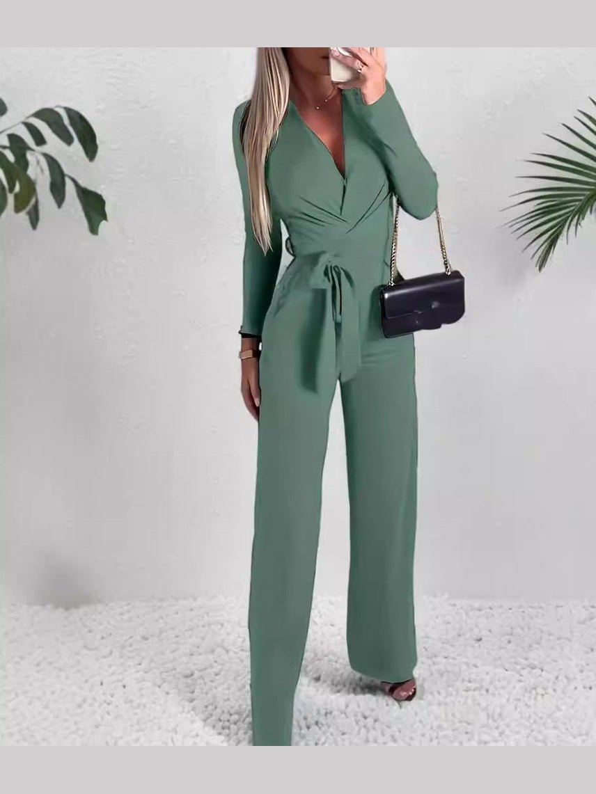 Ladies' Fashionable Slim Fit Sexy V-neck Long Sleeved Slimming Jumpsuit - Courbe et Compagnie