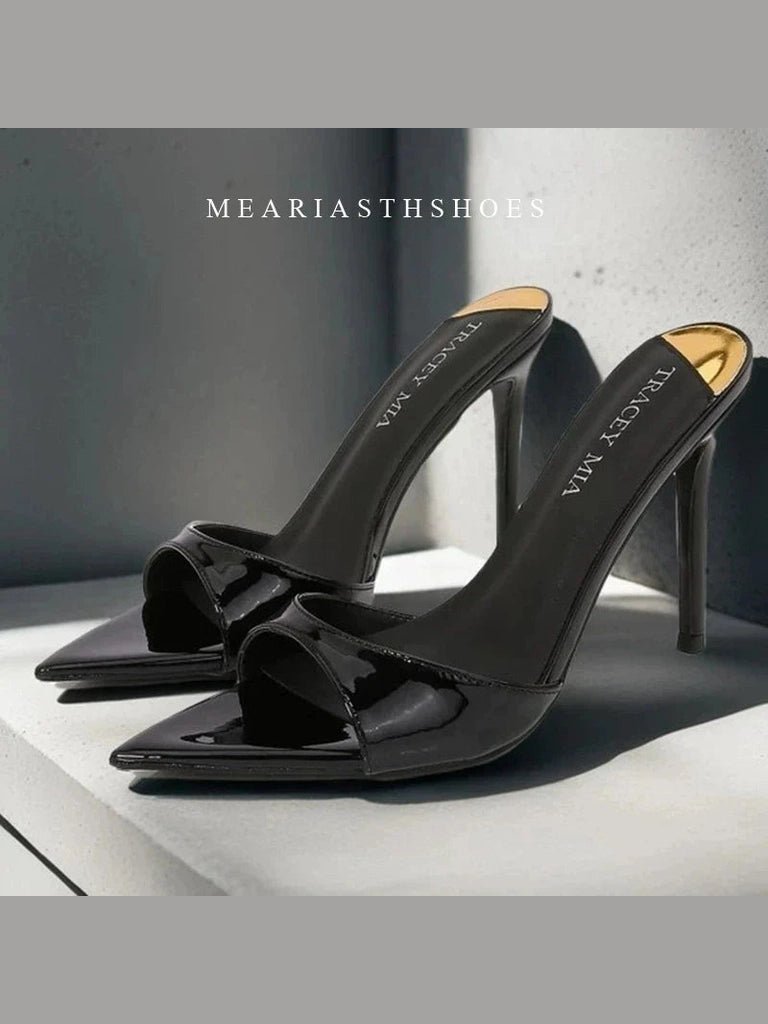 Ladies High-heeled Slippers Shoes Fashion Pointed Sexy Patent Leather Women with Open Toes and Party Wedding Stripper Sandals. - Courbe et Compagnie