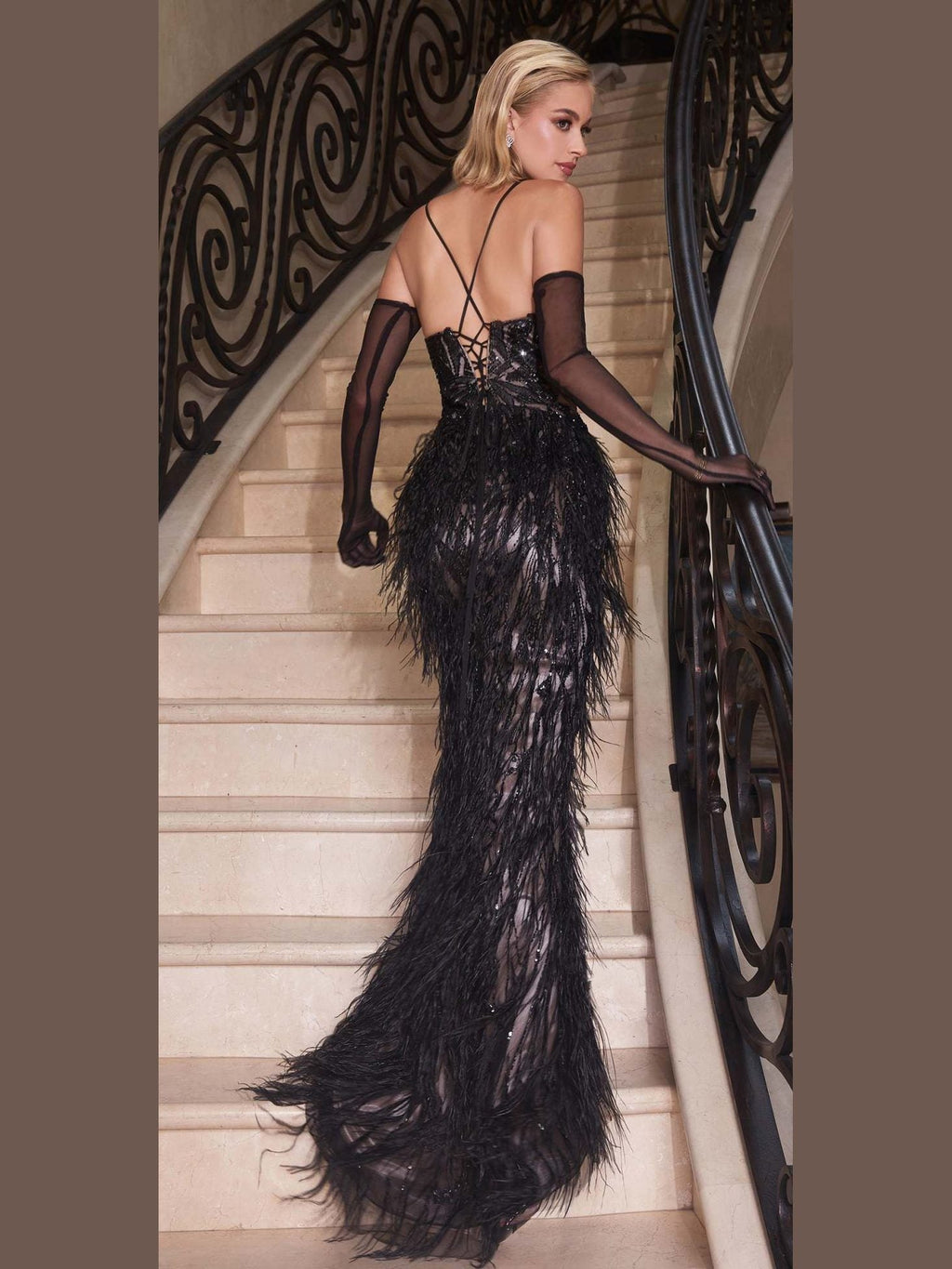 Ladivine CC2358 Long Feather Embellished Fitted Evening Gown - Courbe et Compagnie
