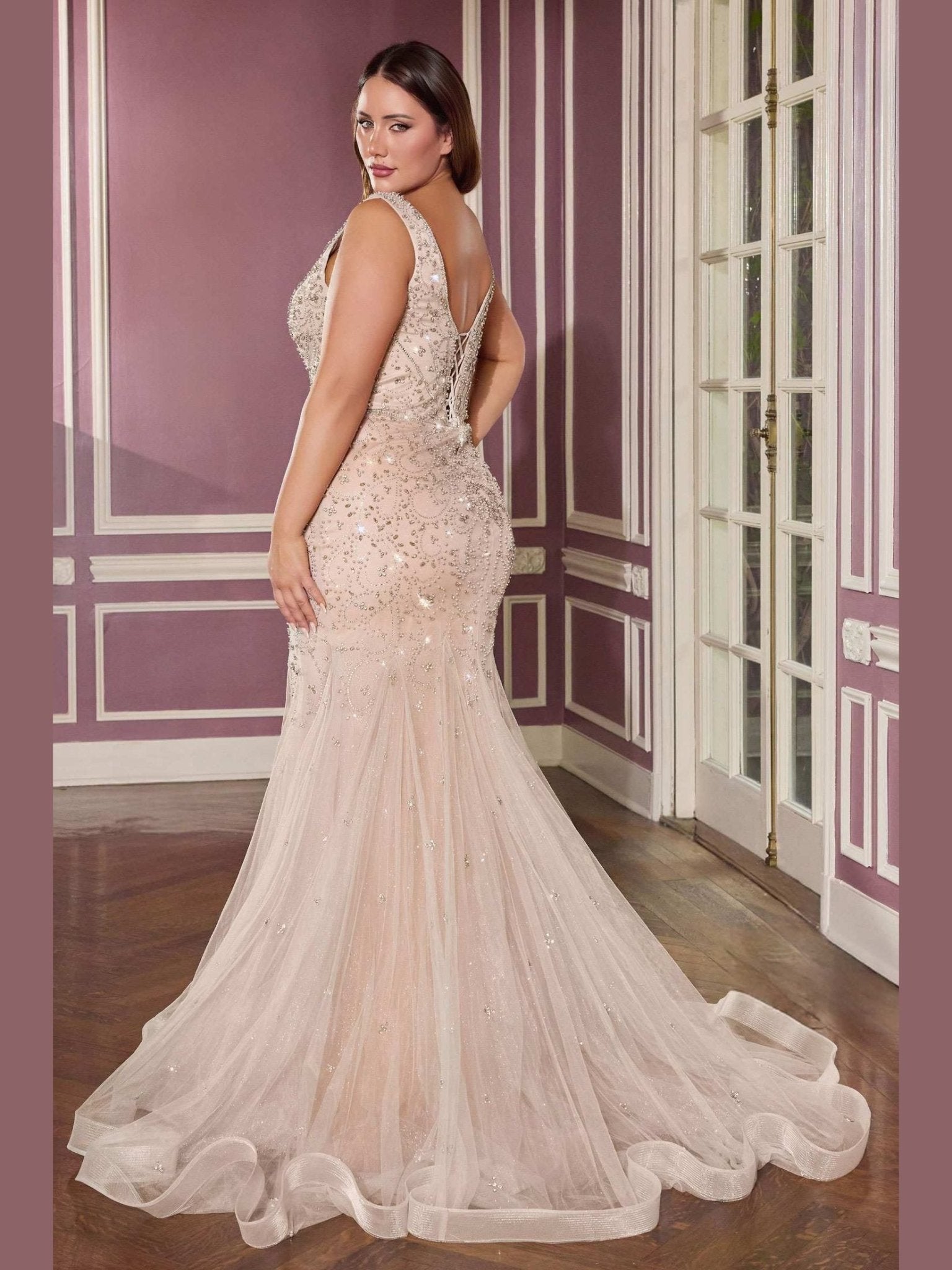 Ladivine CC8270C Glamour Scoop Neck Scroll Motifs Plus Size Mermaid Gown - Courbe et Compagnie