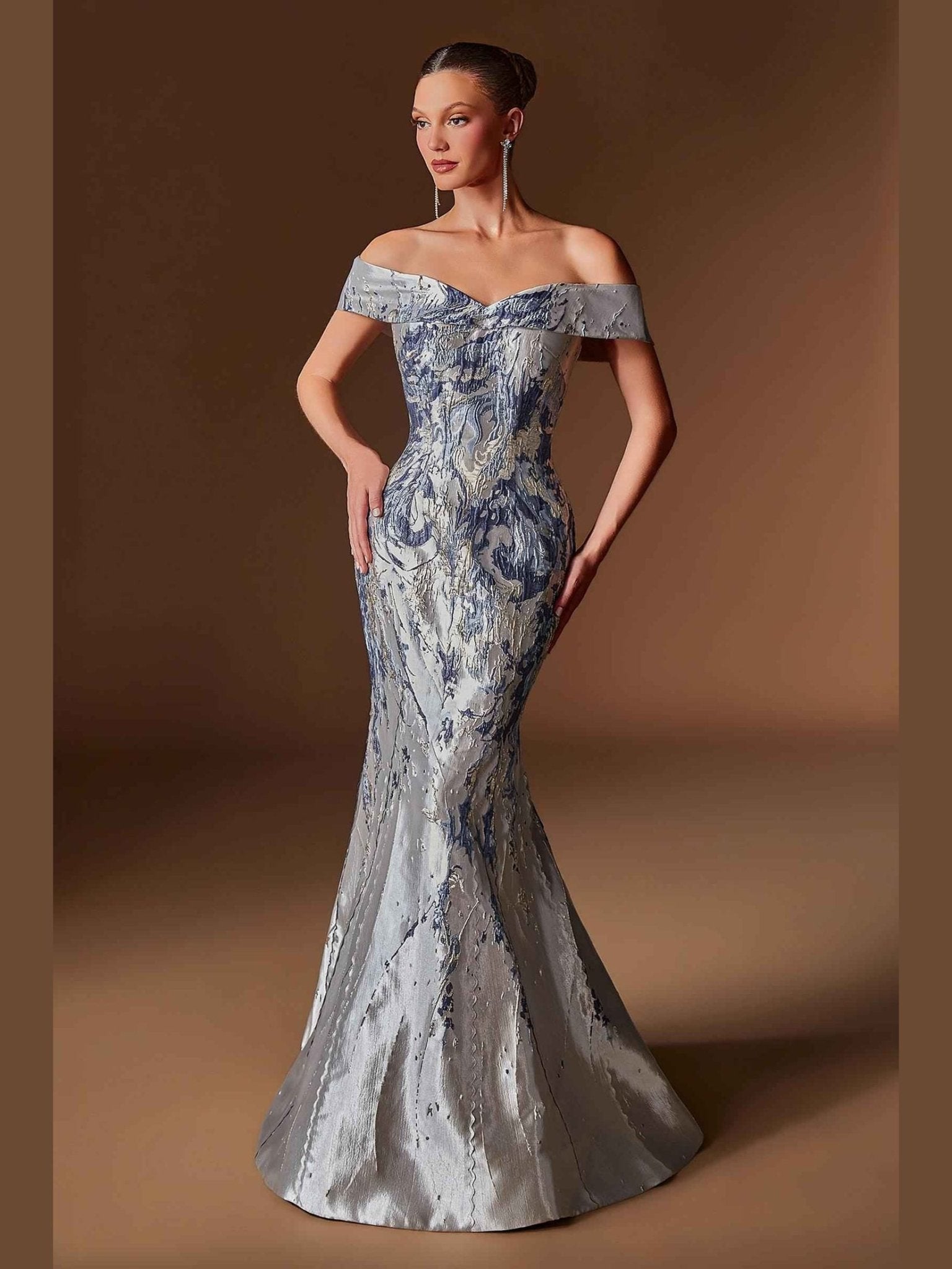 Ladivine CD0107 Metallic Jacquard Off Shoulder Fitted Mermaid Gown - Courbe et Compagnie