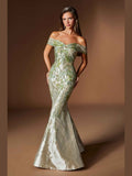 Ladivine CD0107 Metallic Jacquard Off Shoulder Fitted Mermaid Gown - Courbe et Compagnie
