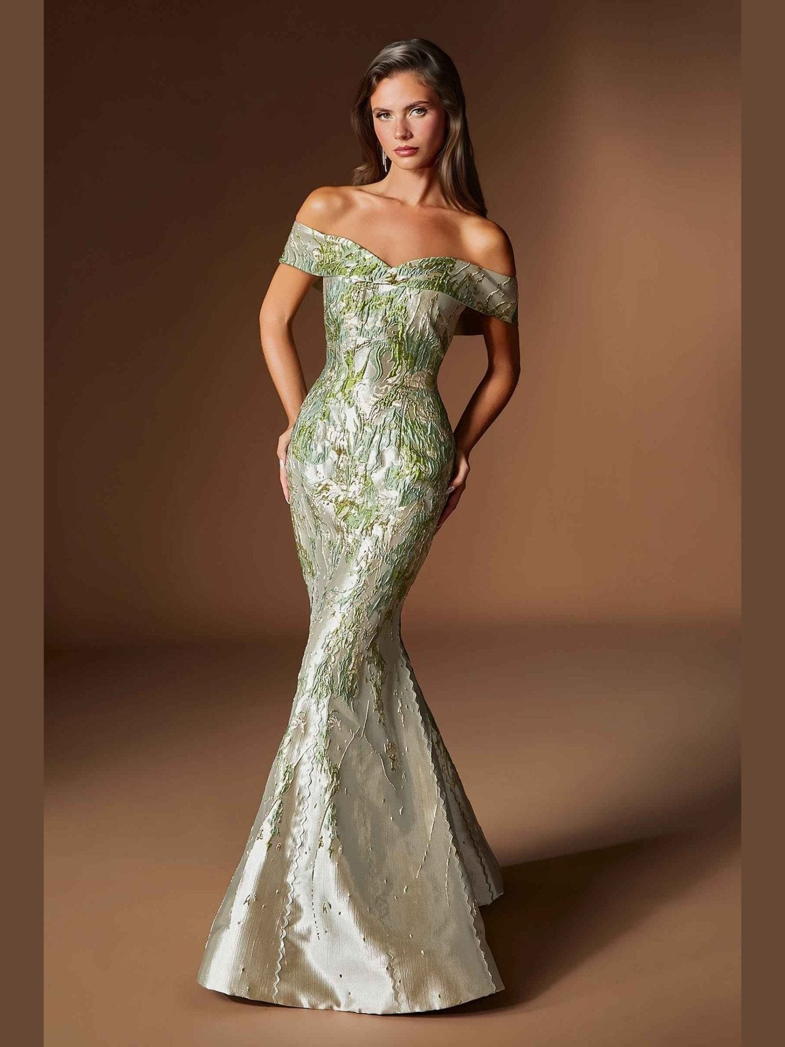 Ladivine CD0107 Metallic Jacquard Off Shoulder Fitted Mermaid Gown - Courbe et Compagnie