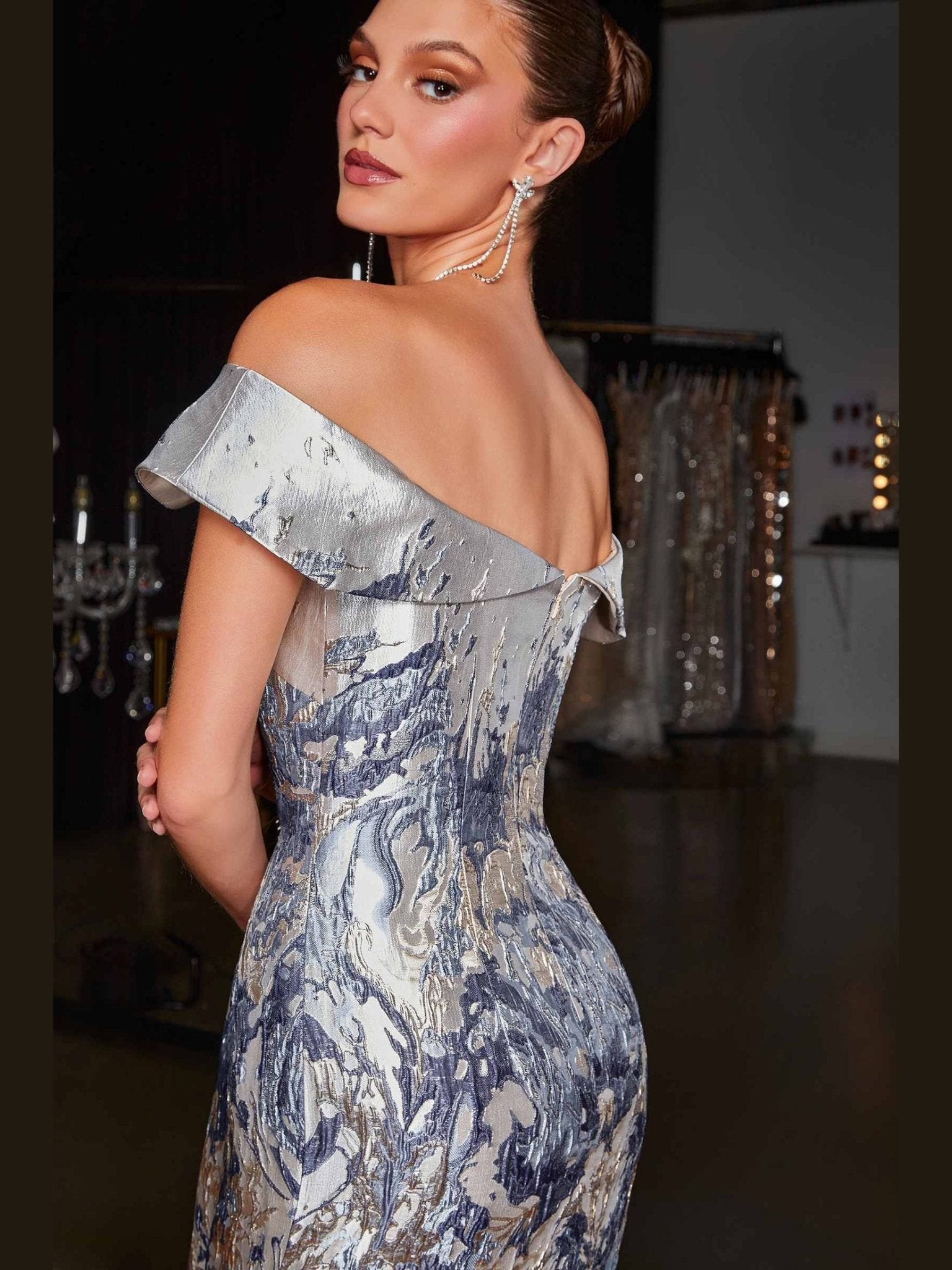 Ladivine CD0107 Metallic Jacquard Off Shoulder Fitted Mermaid Gown - Courbe et Compagnie