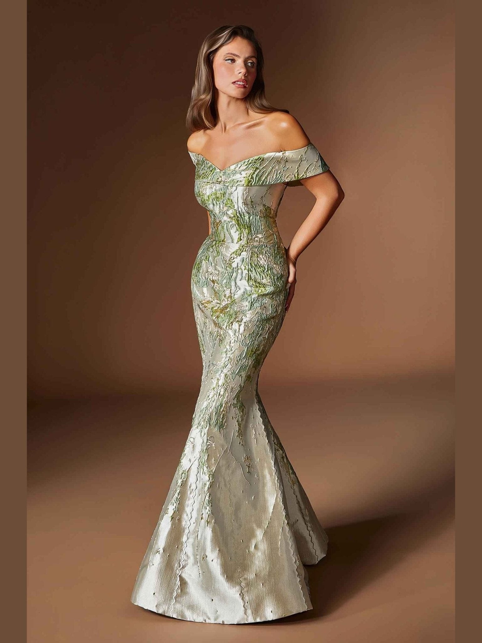 Ladivine CD0107 Metallic Jacquard Off Shoulder Fitted Mermaid Gown - Courbe et Compagnie