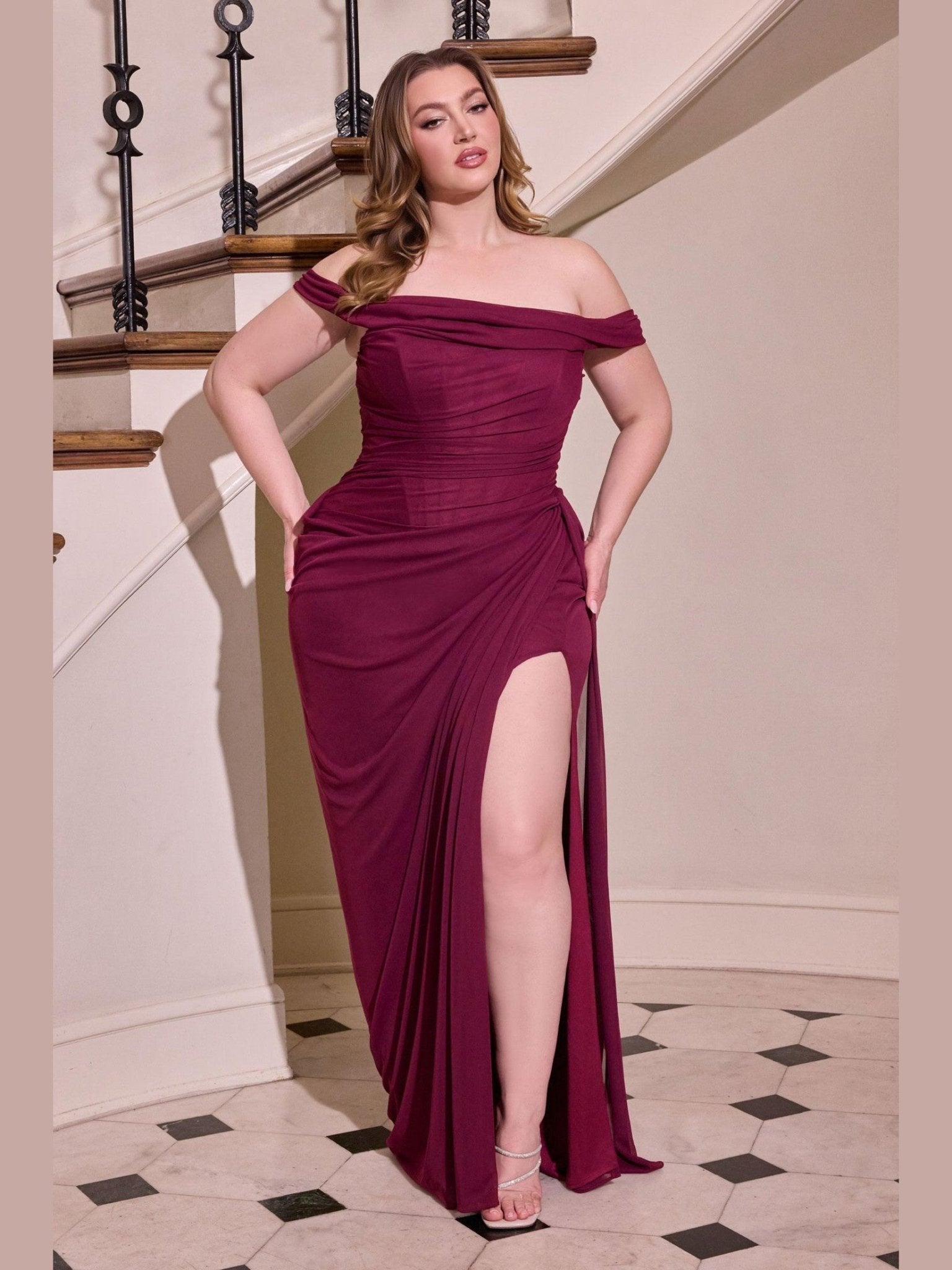 Ladivine CD387C Formal Soirées Off Shoulder Ruched Bodice Plus Size Dress - Courbe et Compagnie