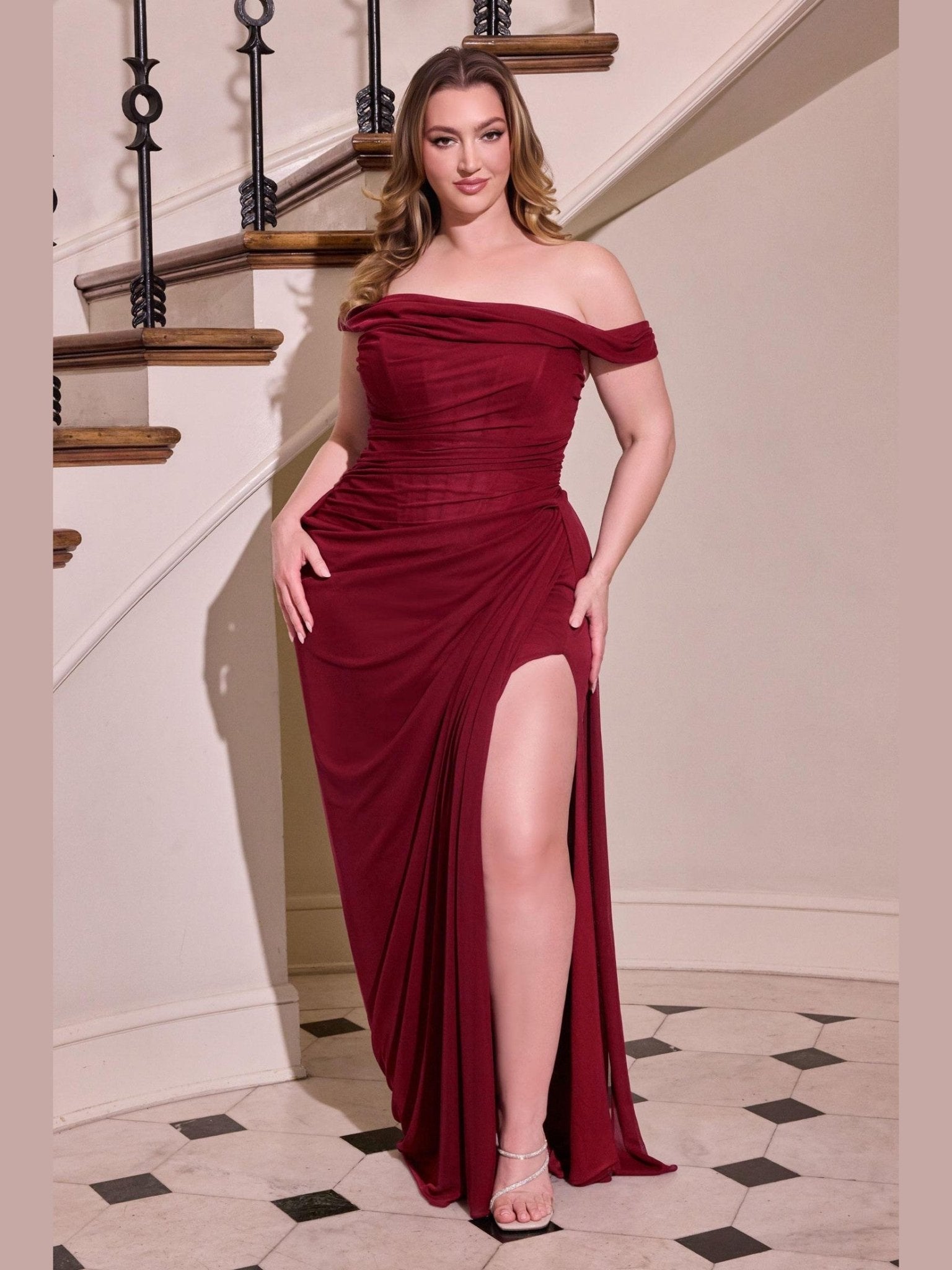 Ladivine CD387C Formal Soirées Off Shoulder Ruched Bodice Plus Size Dress - Courbe et Compagnie