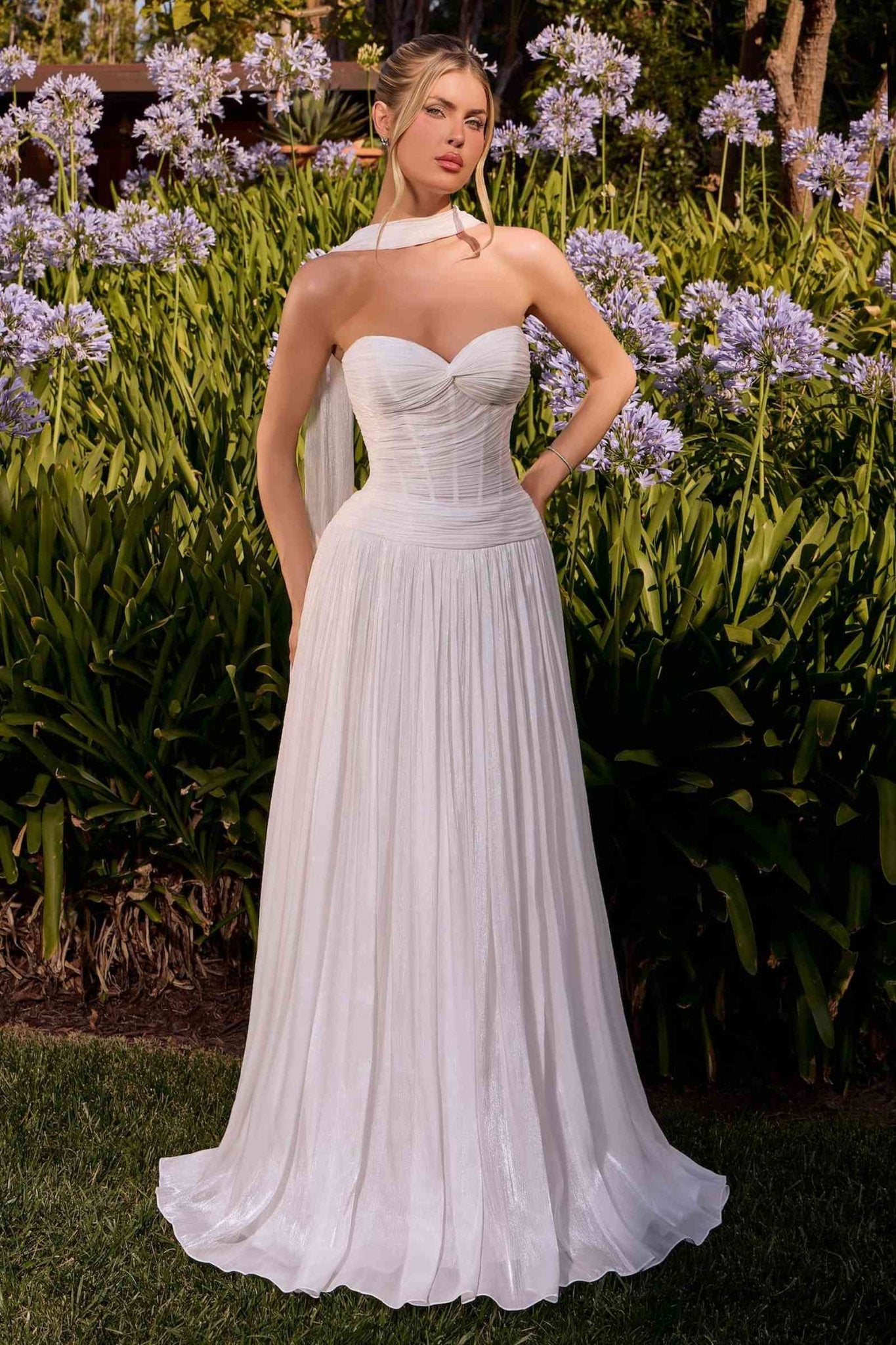 Ladivine CD414W Shimmering A-Line Strapless Sweetheart Pleated Gown - Courbe et Compagnie