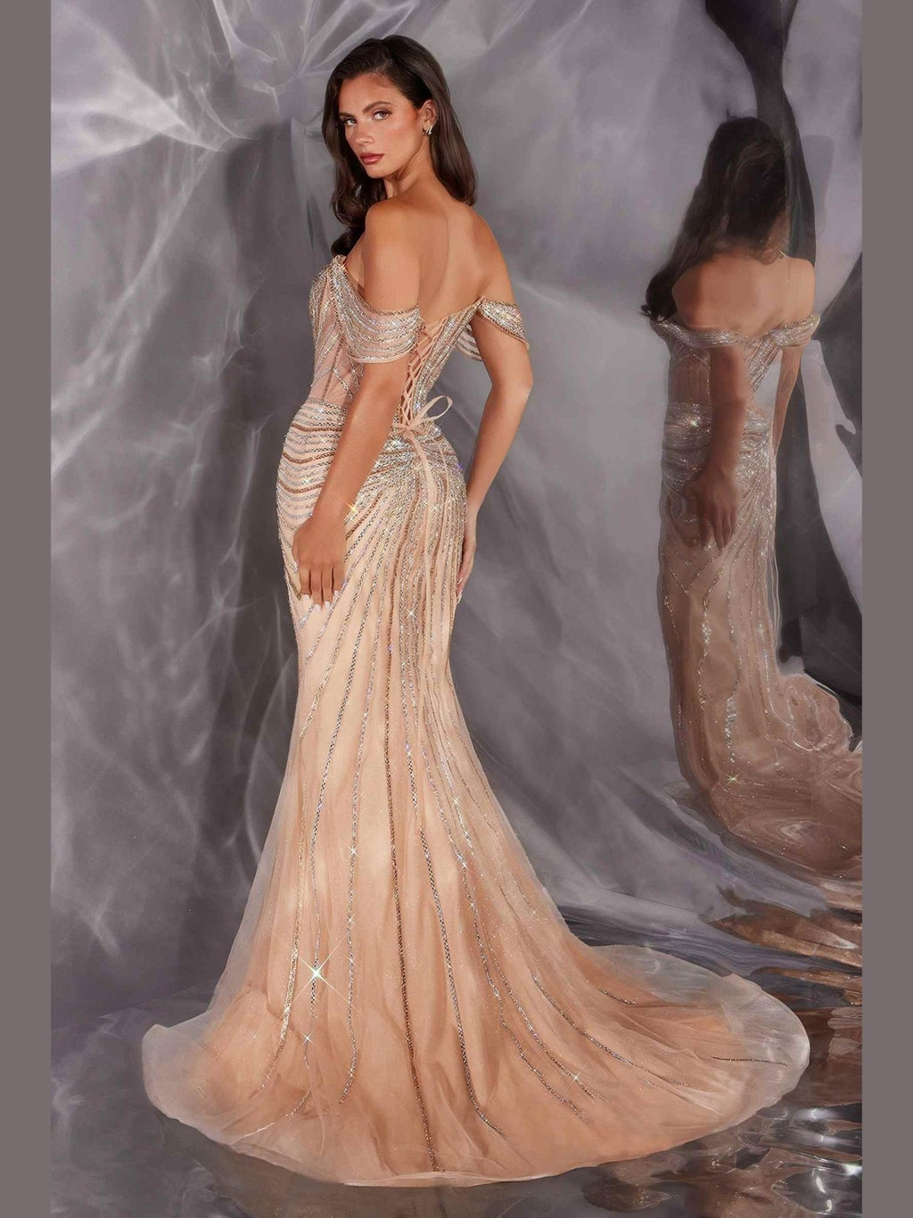 Ladivine CD654 Off Shoulder Glitter Fitted Corset Bodice Mermaid Gown - Courbe et Compagnie