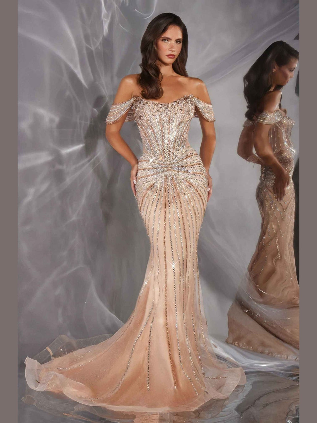 Ladivine CD654 Off Shoulder Glitter Fitted Corset Bodice Mermaid Gown - Courbe et Compagnie