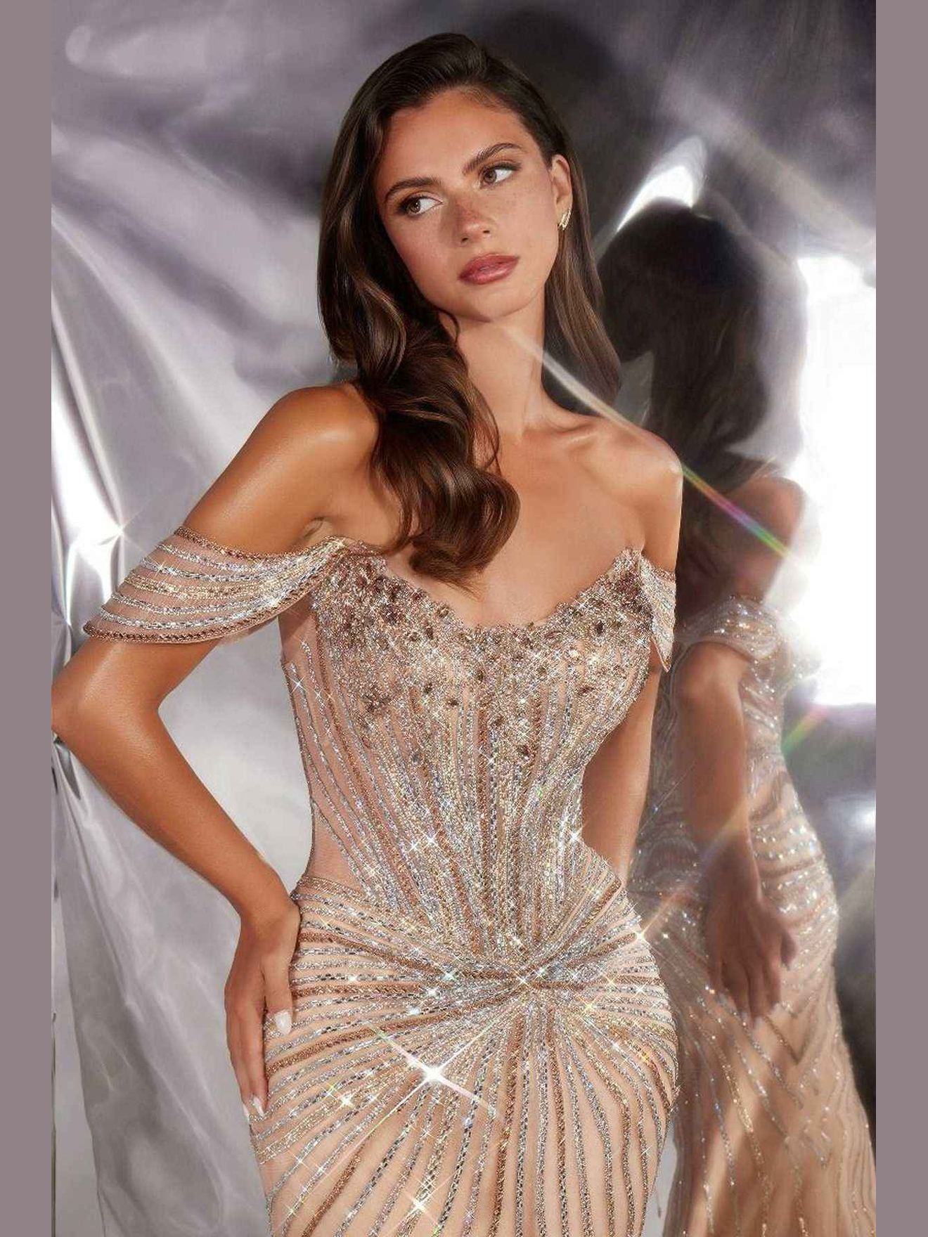 Ladivine CD654 Off Shoulder Glitter Fitted Corset Bodice Mermaid Gown - Courbe et Compagnie