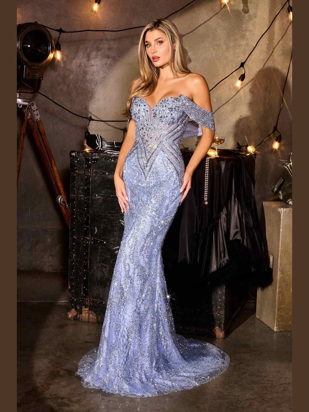 Ladivine CD693 Fitted Off Shoulder Sweetheart Neck Crystal Evening Dress - Courbe et Compagnie