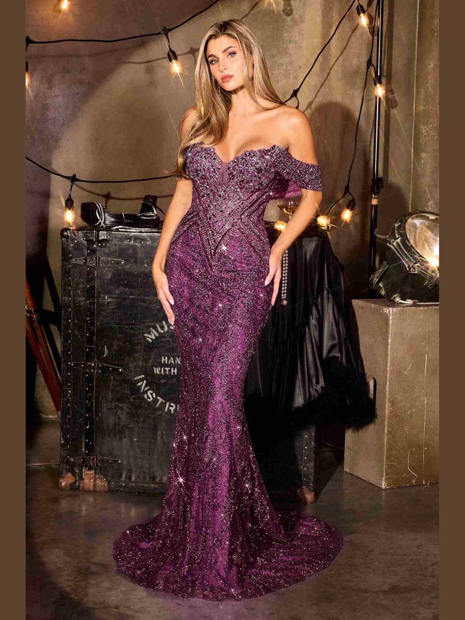 Ladivine CD693 Fitted Off Shoulder Sweetheart Neck Crystal Evening Dress - Courbe et Compagnie