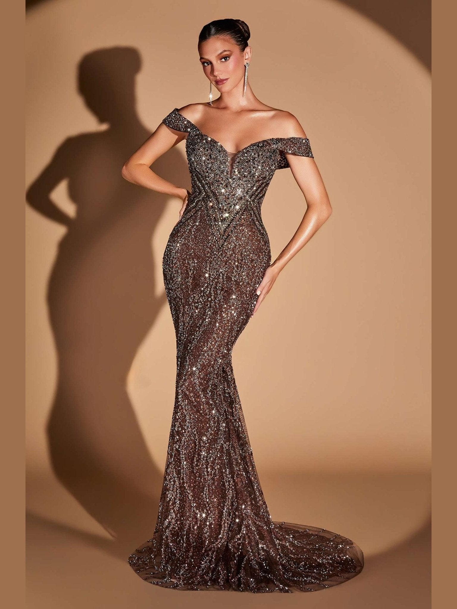 Ladivine CD693 Fitted Off Shoulder Sweetheart Neck Crystal Evening Dress - Courbe et Compagnie