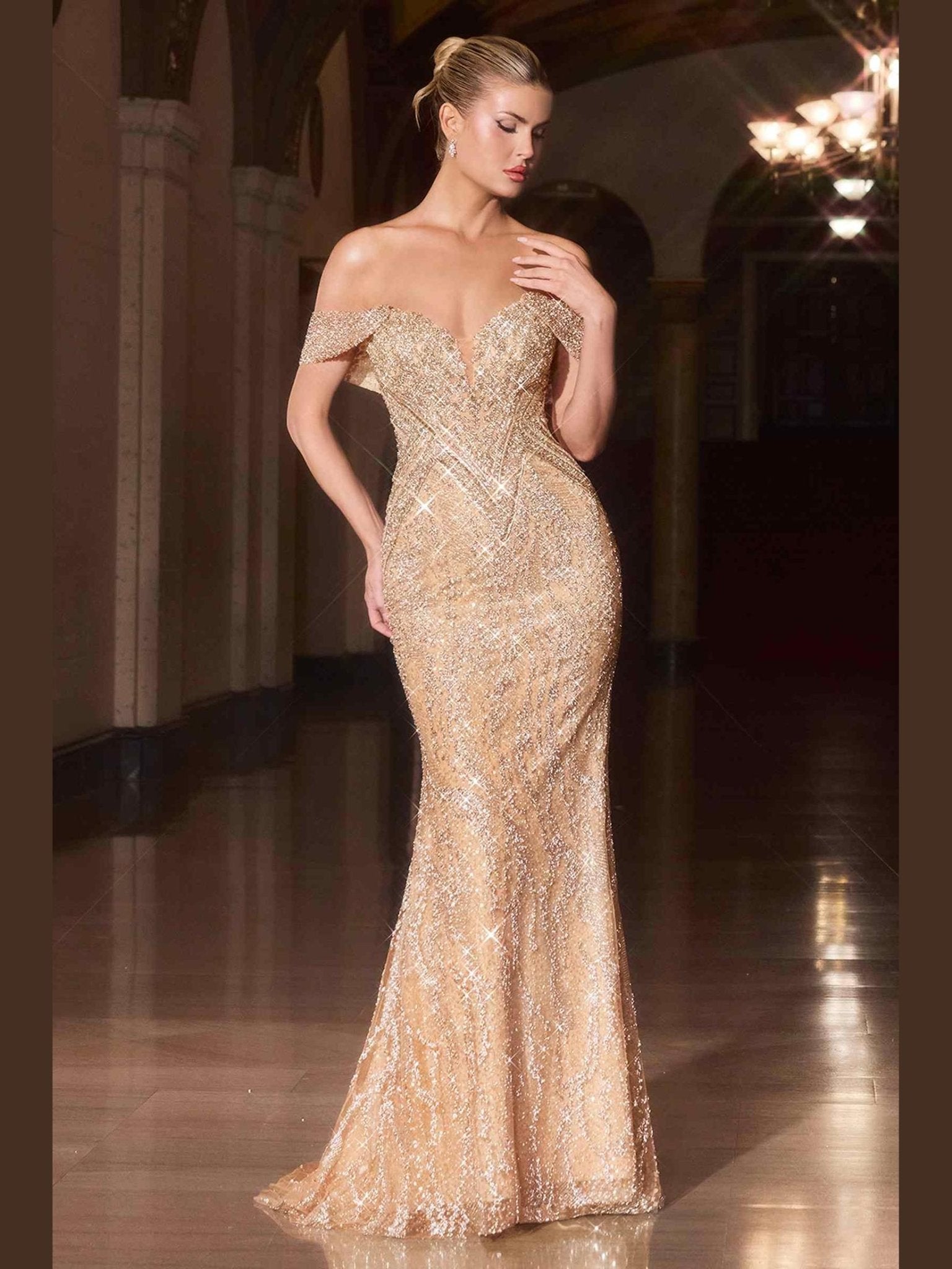 Ladivine CD693 Fitted Off Shoulder Sweetheart Neck Crystal Evening Dress - Courbe et Compagnie