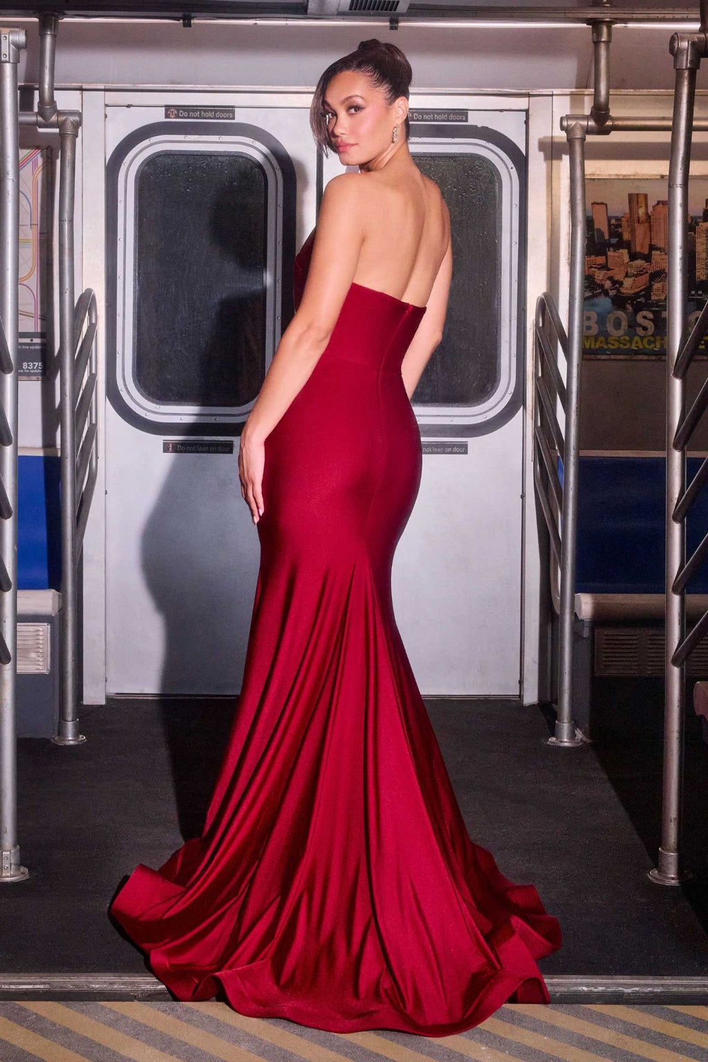 Ladivine CD694 Luxe Stretch Satin Fitted Evening Dress - Courbe et Compagnie