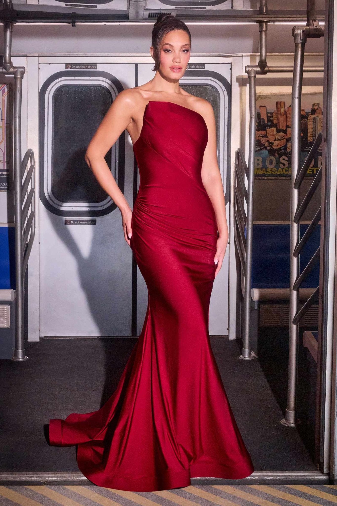 Ladivine CD694 Luxe Stretch Satin Fitted Evening Dress - Courbe et Compagnie