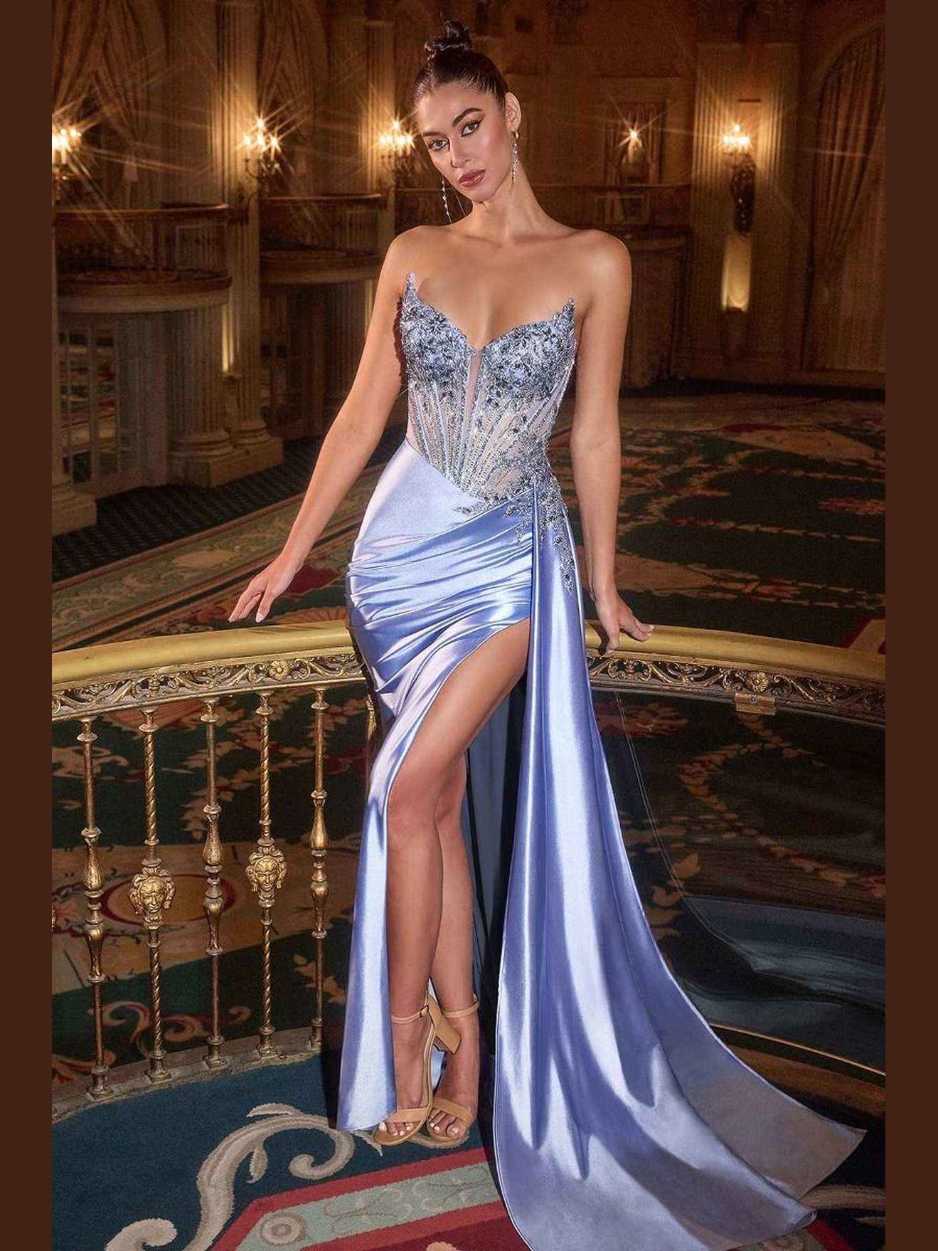 Ladivine CD722 Elegant Strapless Satin Fitted Evening Gown - Courbe et Compagnie