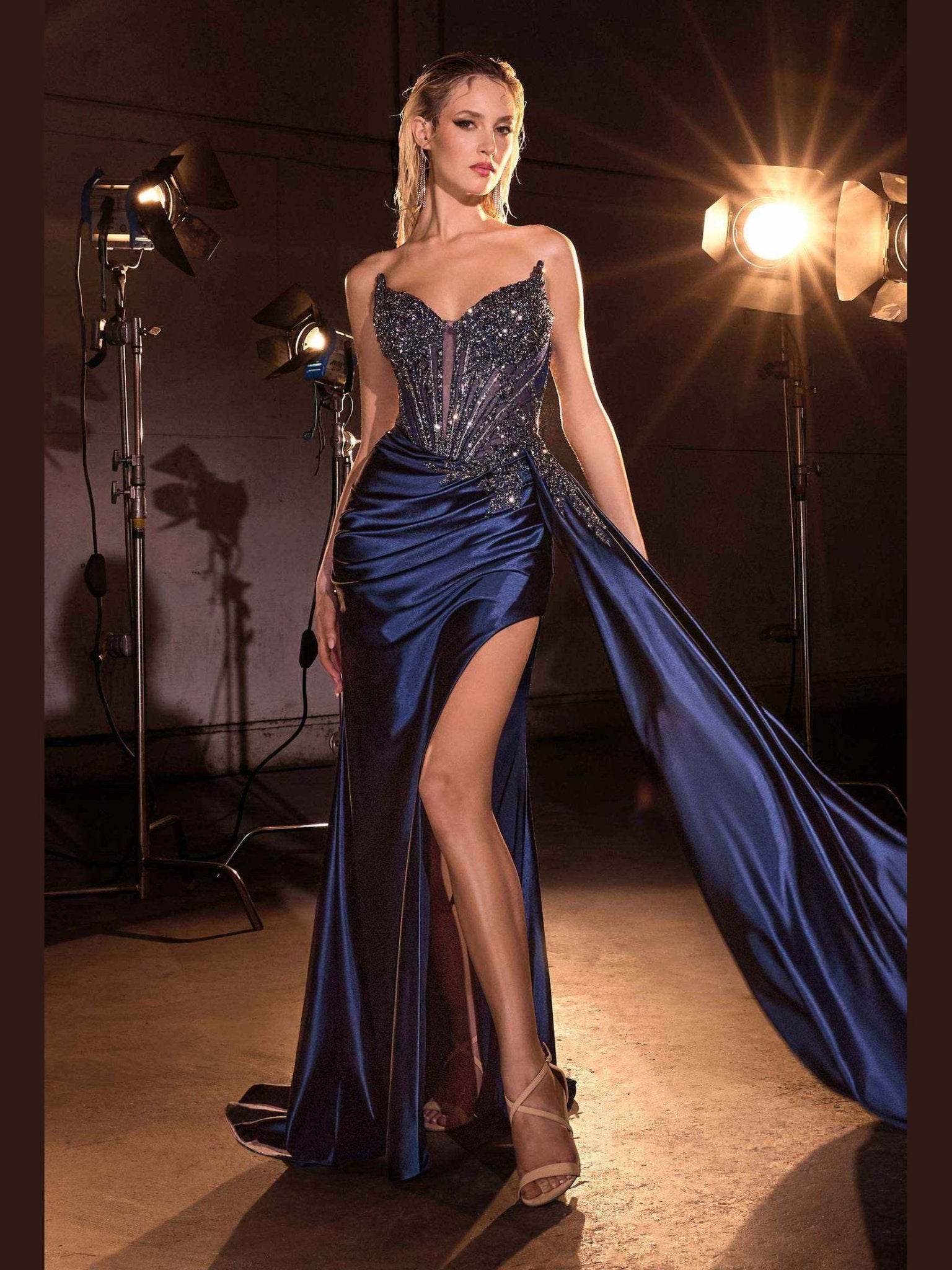 Ladivine CD722 Elegant Strapless Satin Fitted Evening Gown - Courbe et Compagnie