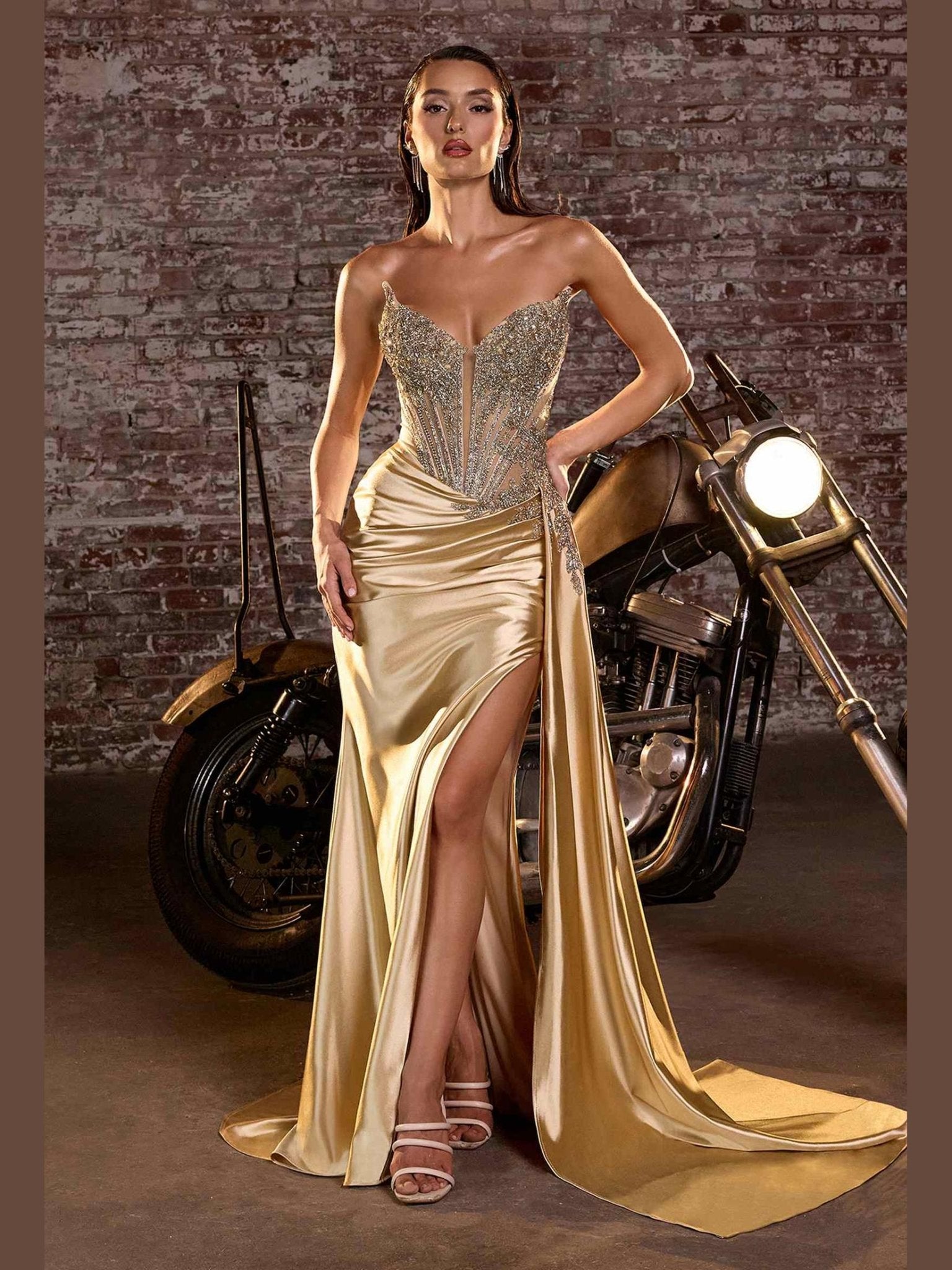 Ladivine CD722 Elegant Strapless Satin Fitted Evening Gown - Courbe et Compagnie