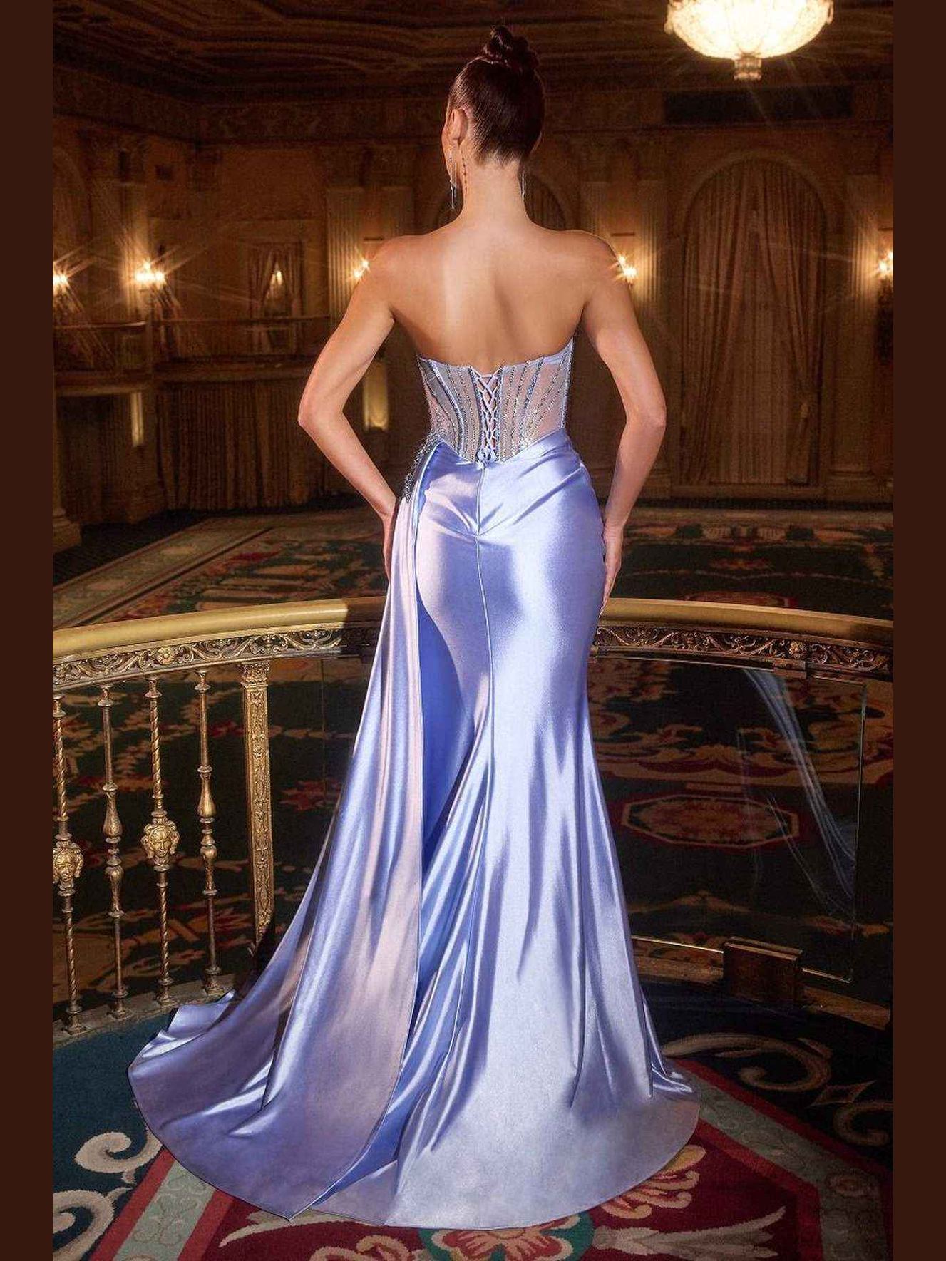 Ladivine CD722 Elegant Strapless Satin Fitted Evening Gown - Courbe et Compagnie