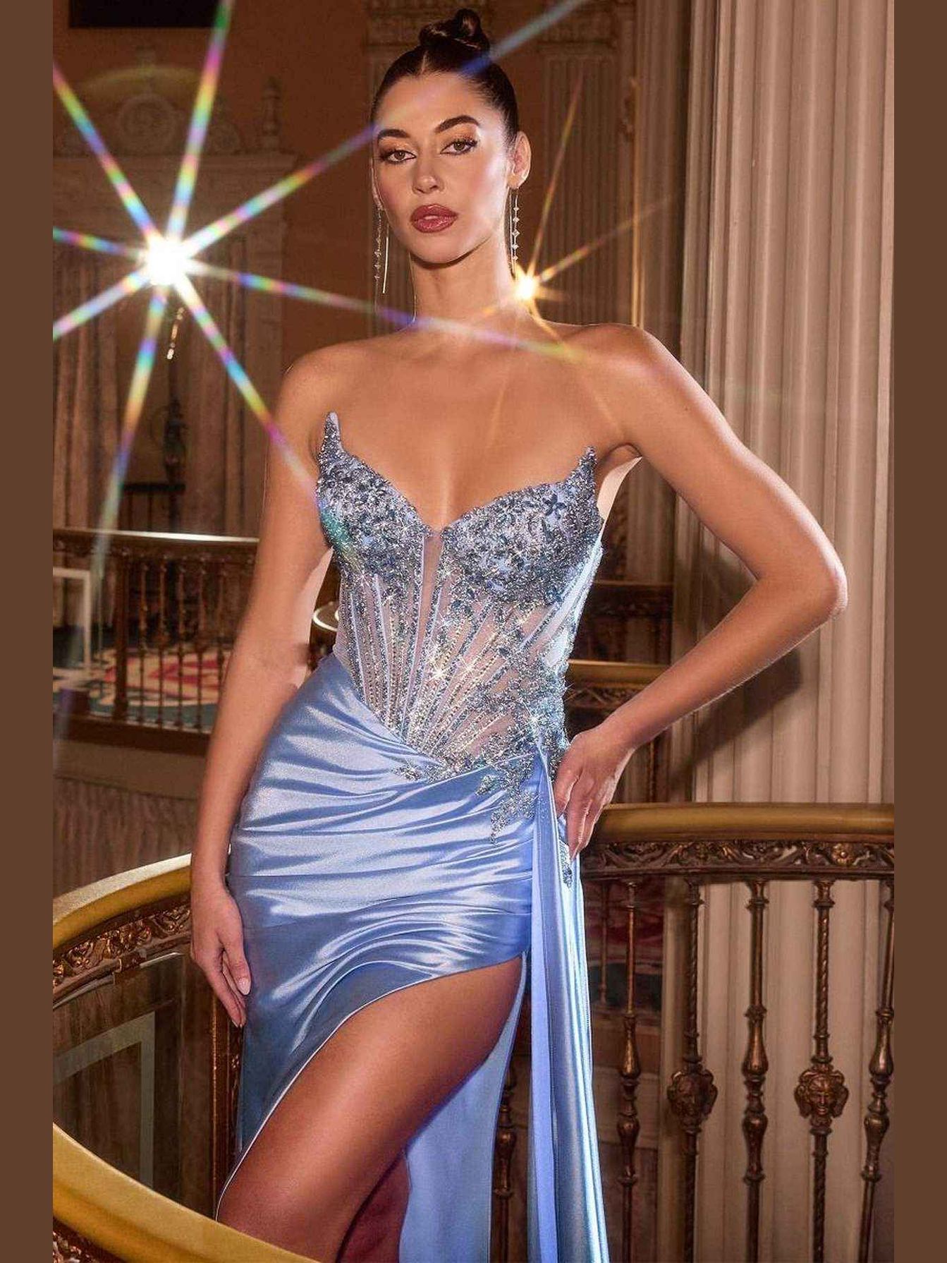 Ladivine CD722 Elegant Strapless Satin Fitted Evening Gown - Courbe et Compagnie