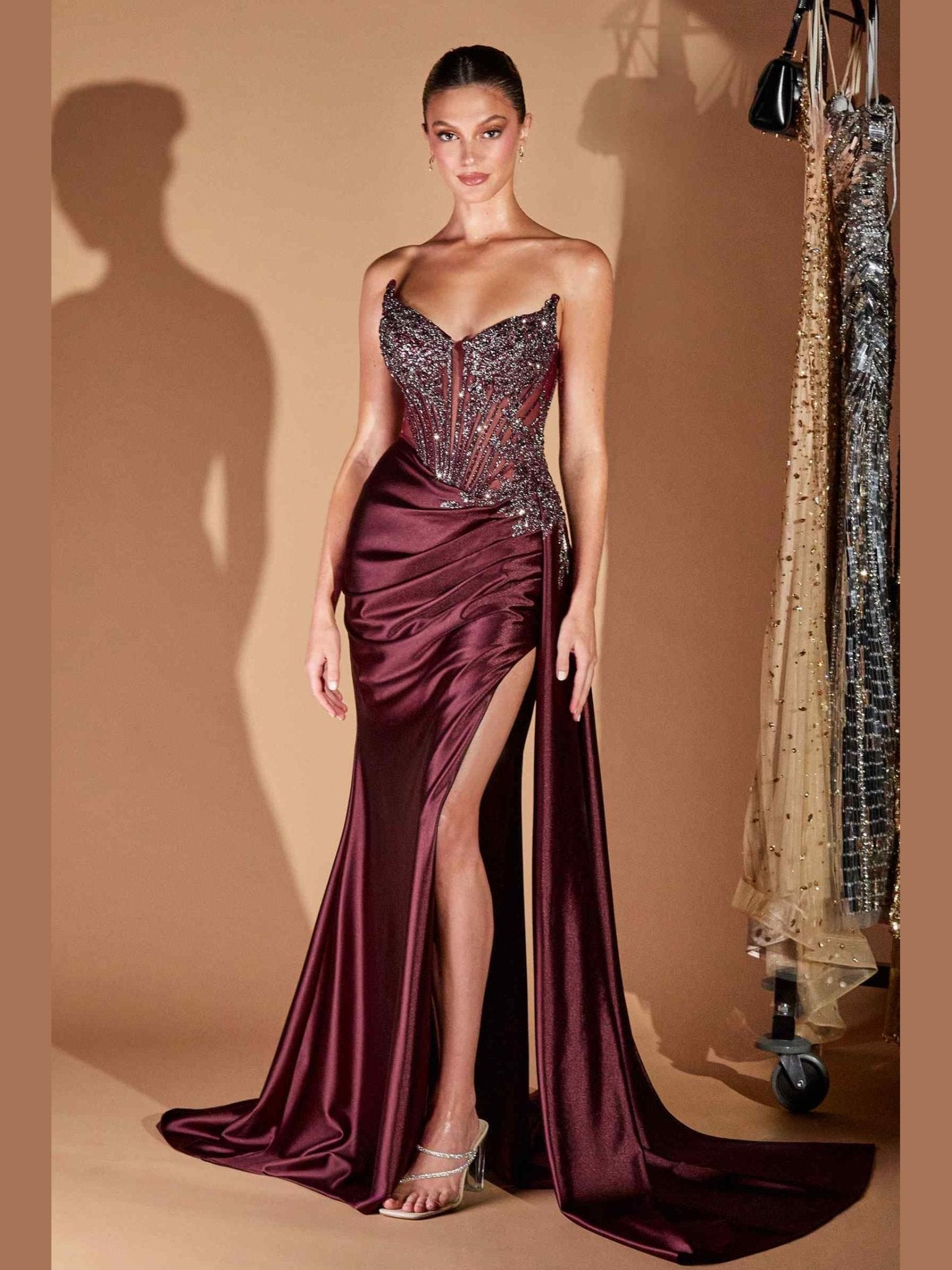 Ladivine CD722 Elegant Strapless Satin Fitted Evening Gown - Courbe et Compagnie