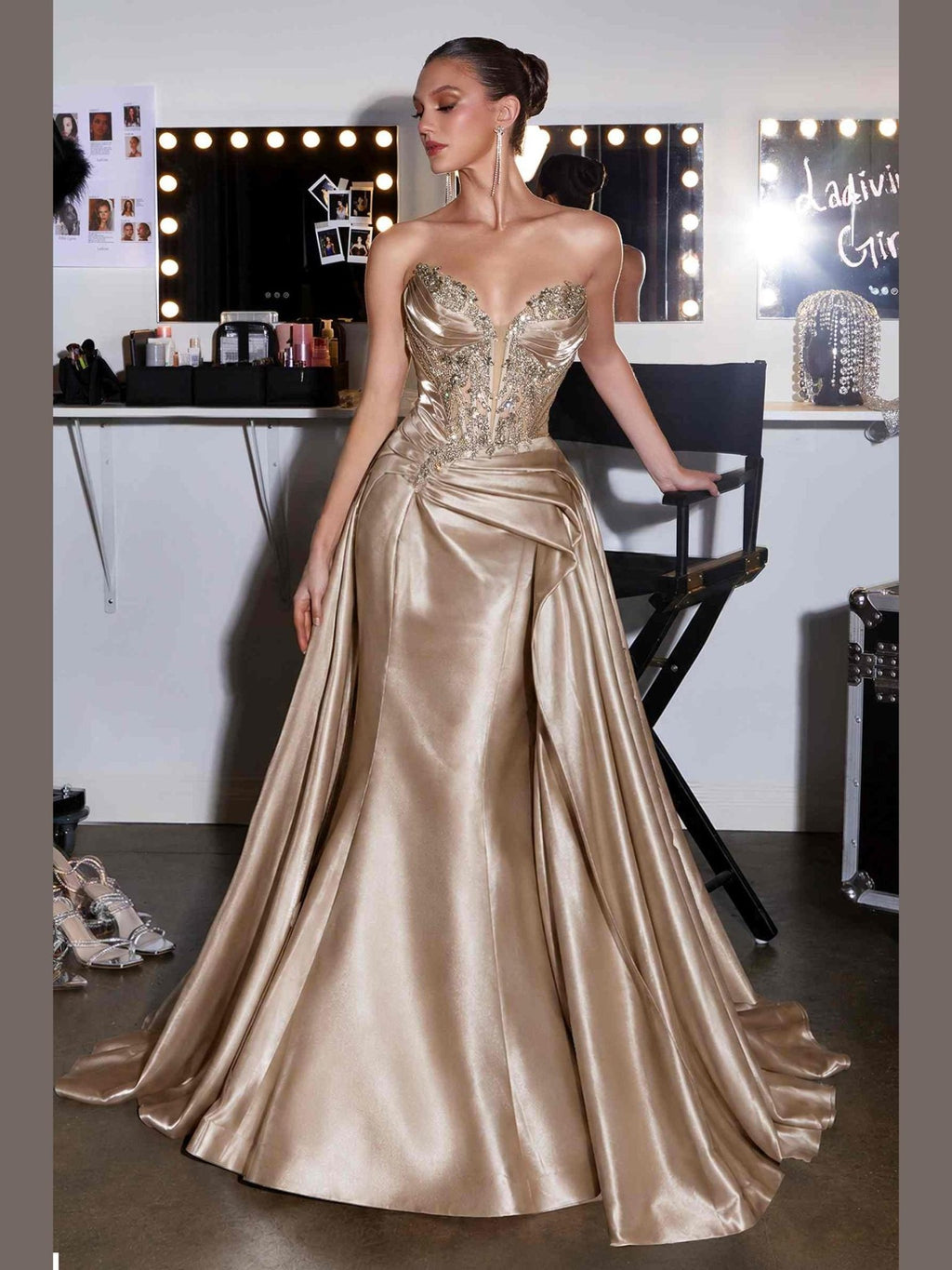 Ladivine CDS568 Strapless Fitted Mermaid Gown with Overskirt - Courbe et Compagnie
