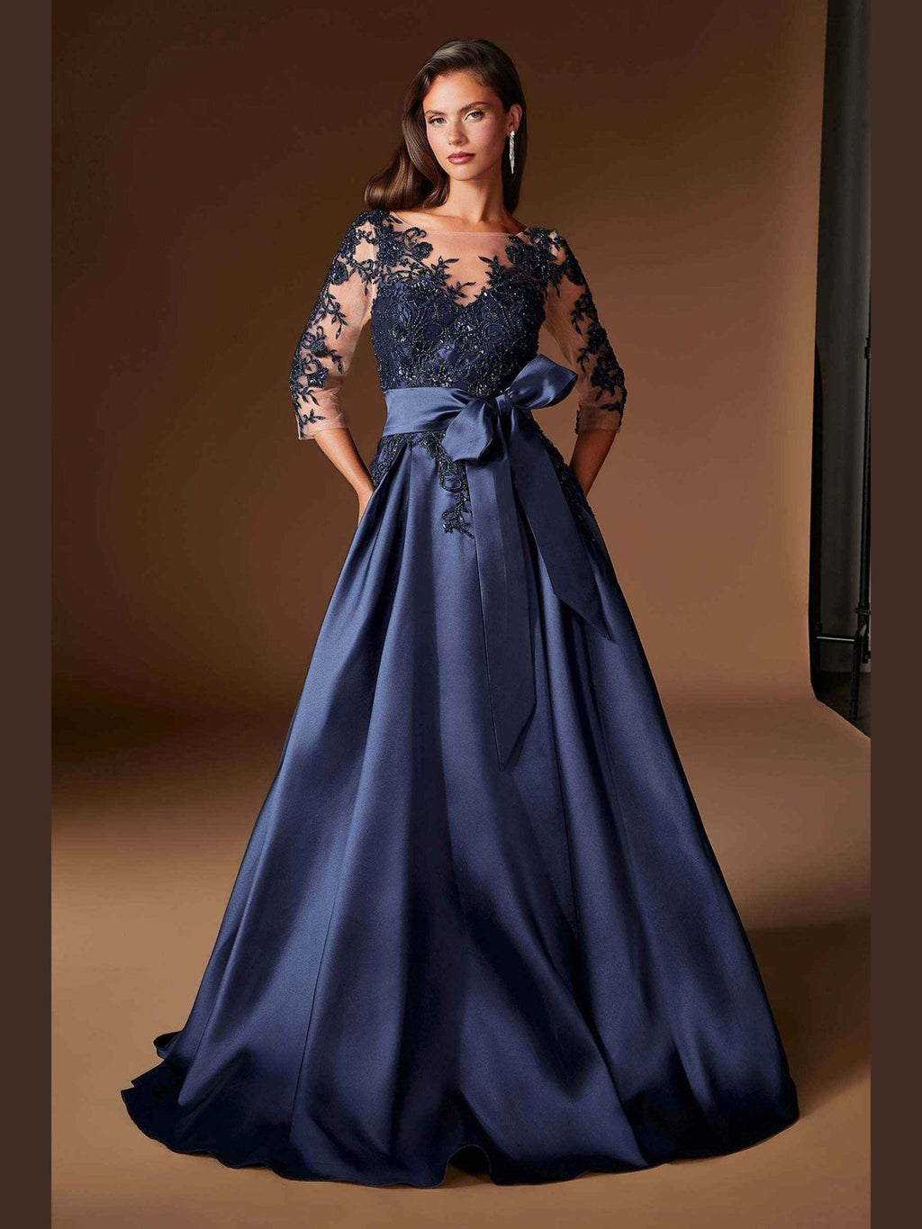 Ladivine CDS569 Three Quarter Sleeve Mikado Skirt A-Line Gown - Courbe et Compagnie