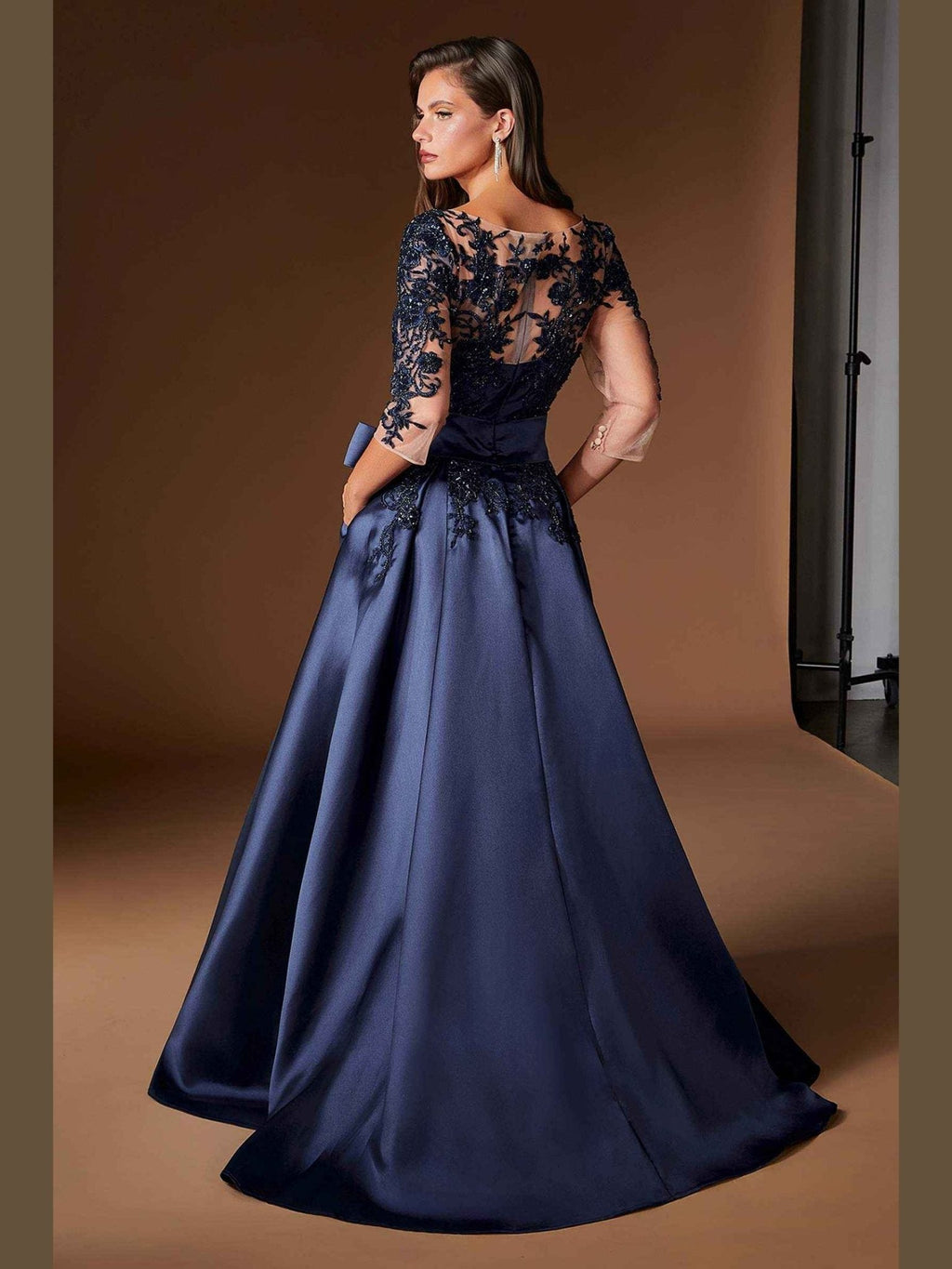 Ladivine CDS569 Three Quarter Sleeve Mikado Skirt A-Line Gown - Courbe et Compagnie