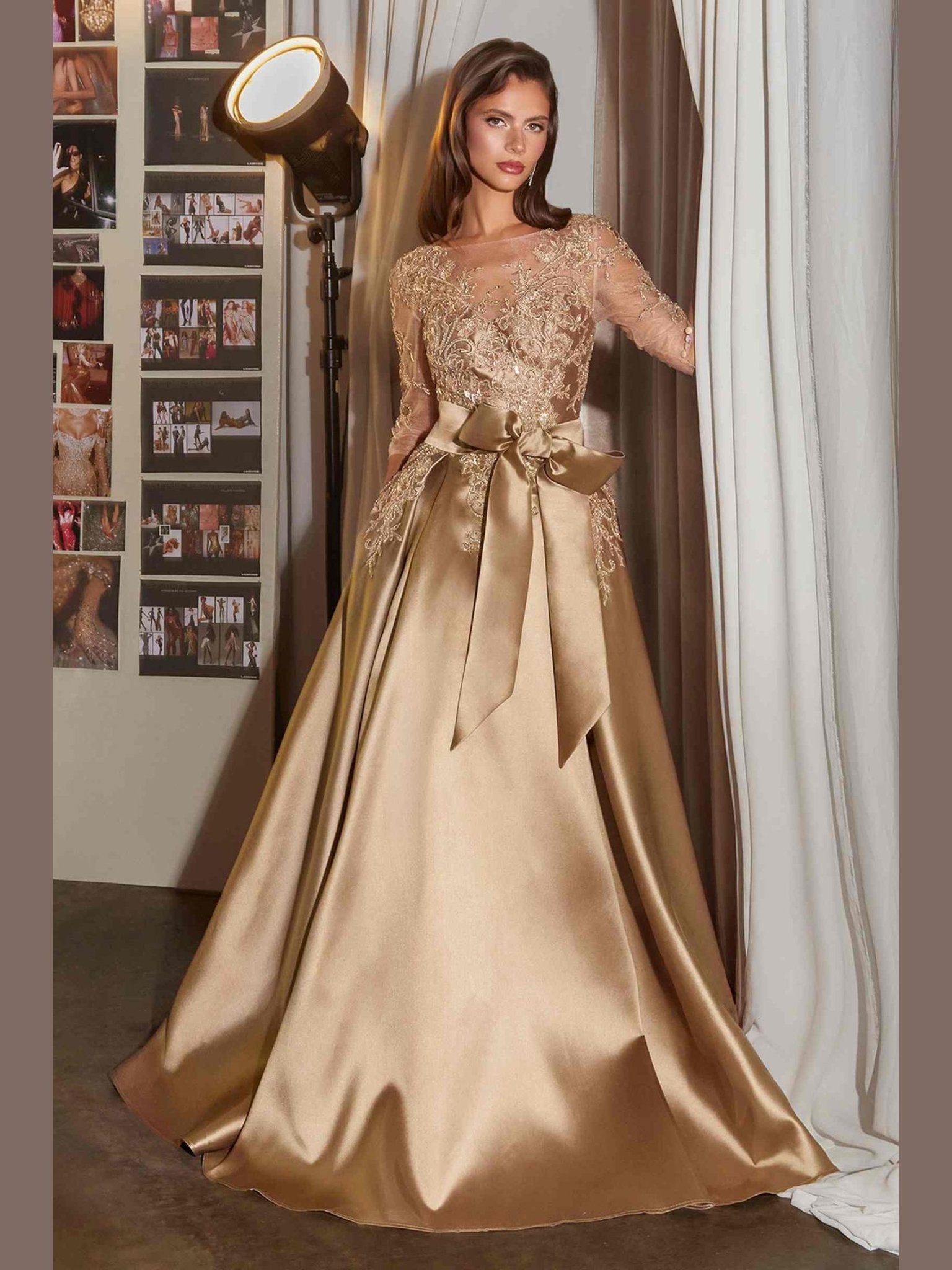 Ladivine CDS569 Three Quarter Sleeve Mikado Skirt A-Line Gown - Courbe et Compagnie