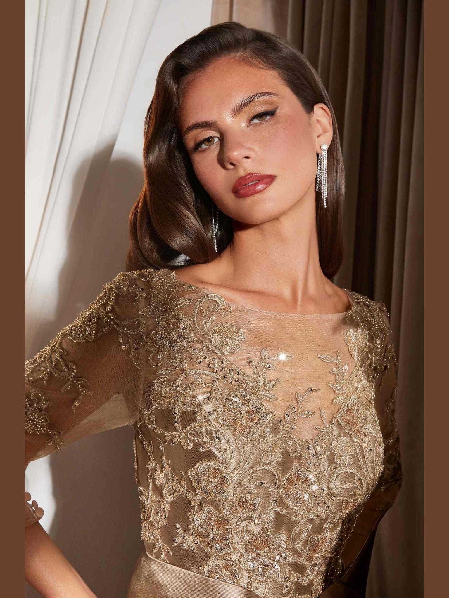 Ladivine CDS569 Three Quarter Sleeve Mikado Skirt A-Line Gown - Courbe et Compagnie
