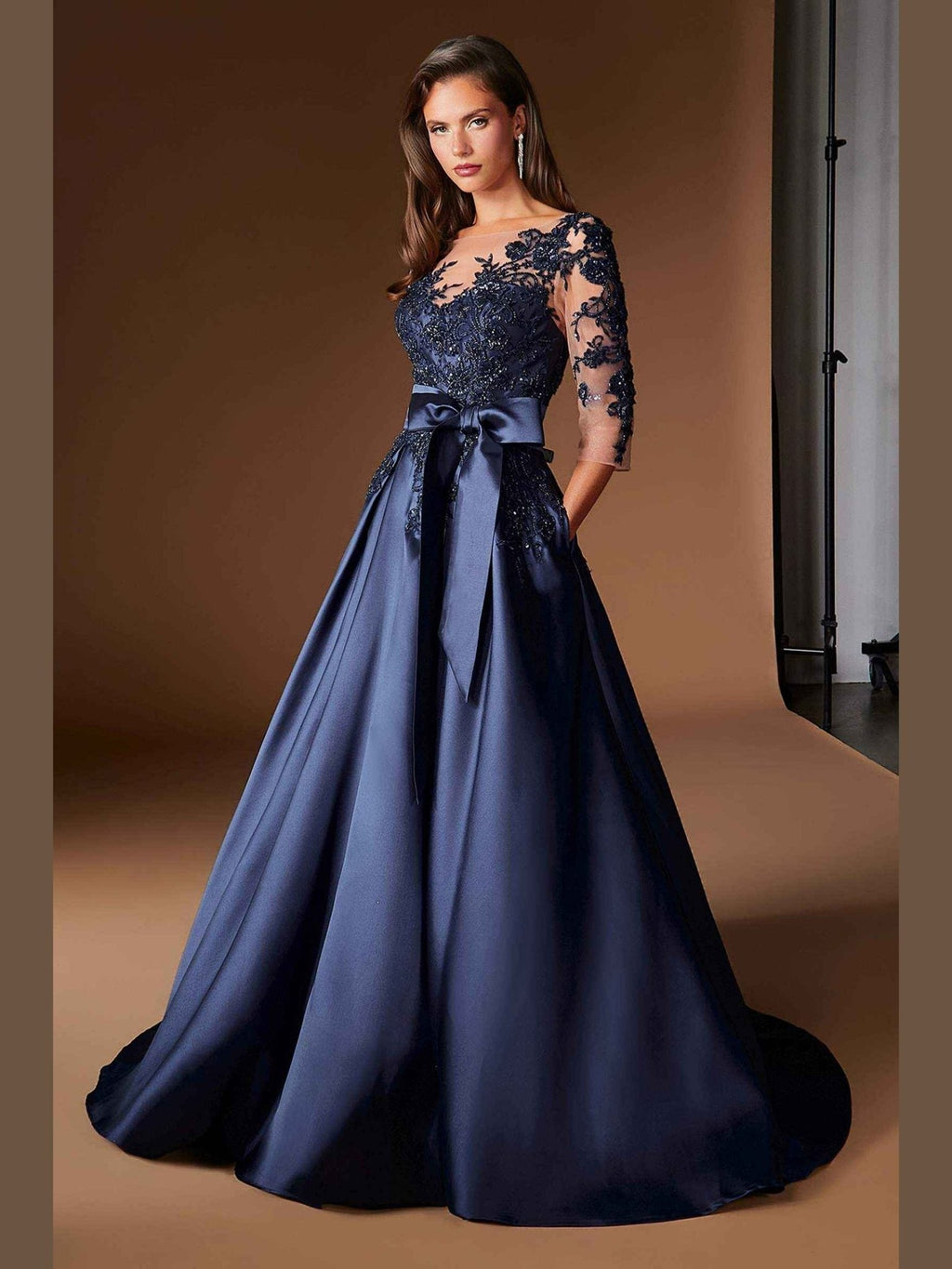 Ladivine CDS569 Three Quarter Sleeve Mikado Skirt A-Line Gown - Courbe et Compagnie