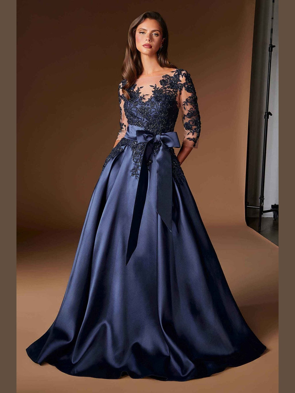 Ladivine CDS569 Three Quarter Sleeve Mikado Skirt A-Line Gown - Courbe et Compagnie
