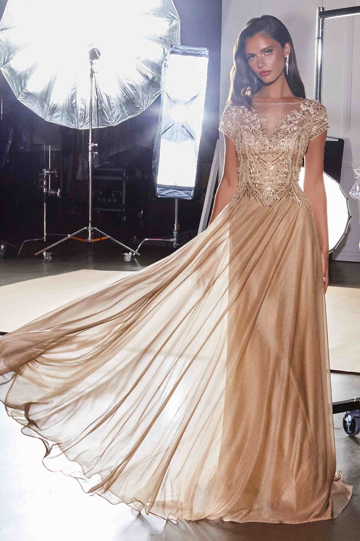 Ladivine CL11 Gold Beaded Cap Sleeve A-Line Formal Dress - Courbe et Compagnie