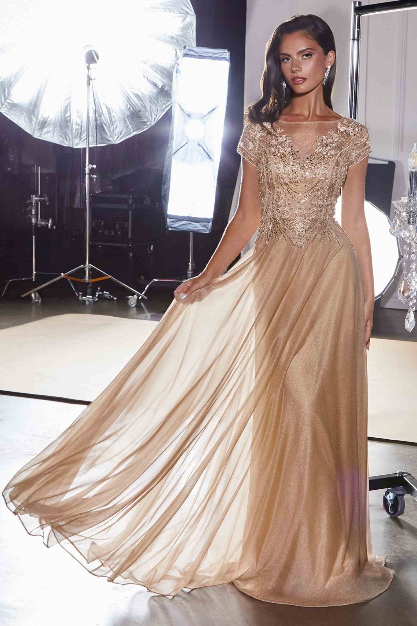 Ladivine CL11 Gold Beaded Cap Sleeve A-Line Formal Dress - Courbe et Compagnie