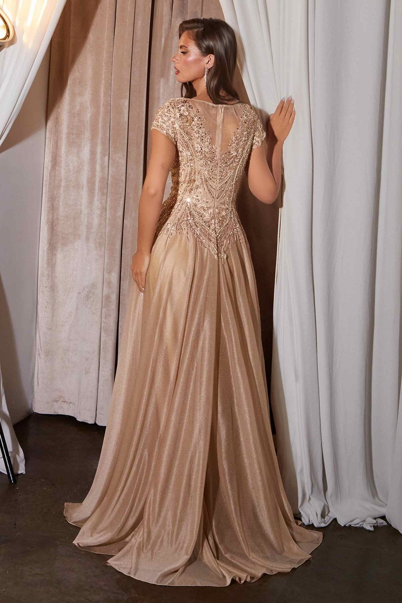 Ladivine CL11 Gold Beaded Cap Sleeve A-Line Formal Dress - Courbe et Compagnie