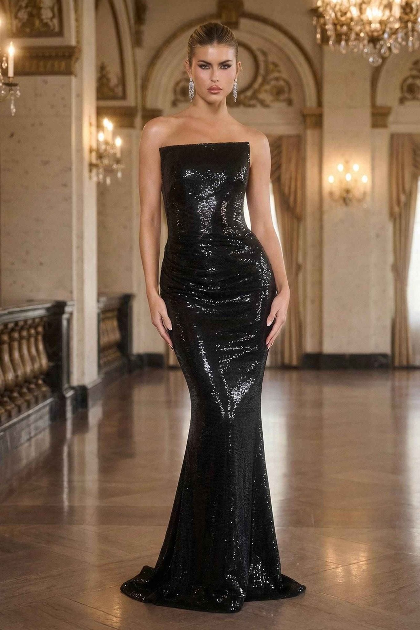 Ladivine J904 Strapless Sequin Fitted Gown Formal Evening Dress - Courbe et Compagnie