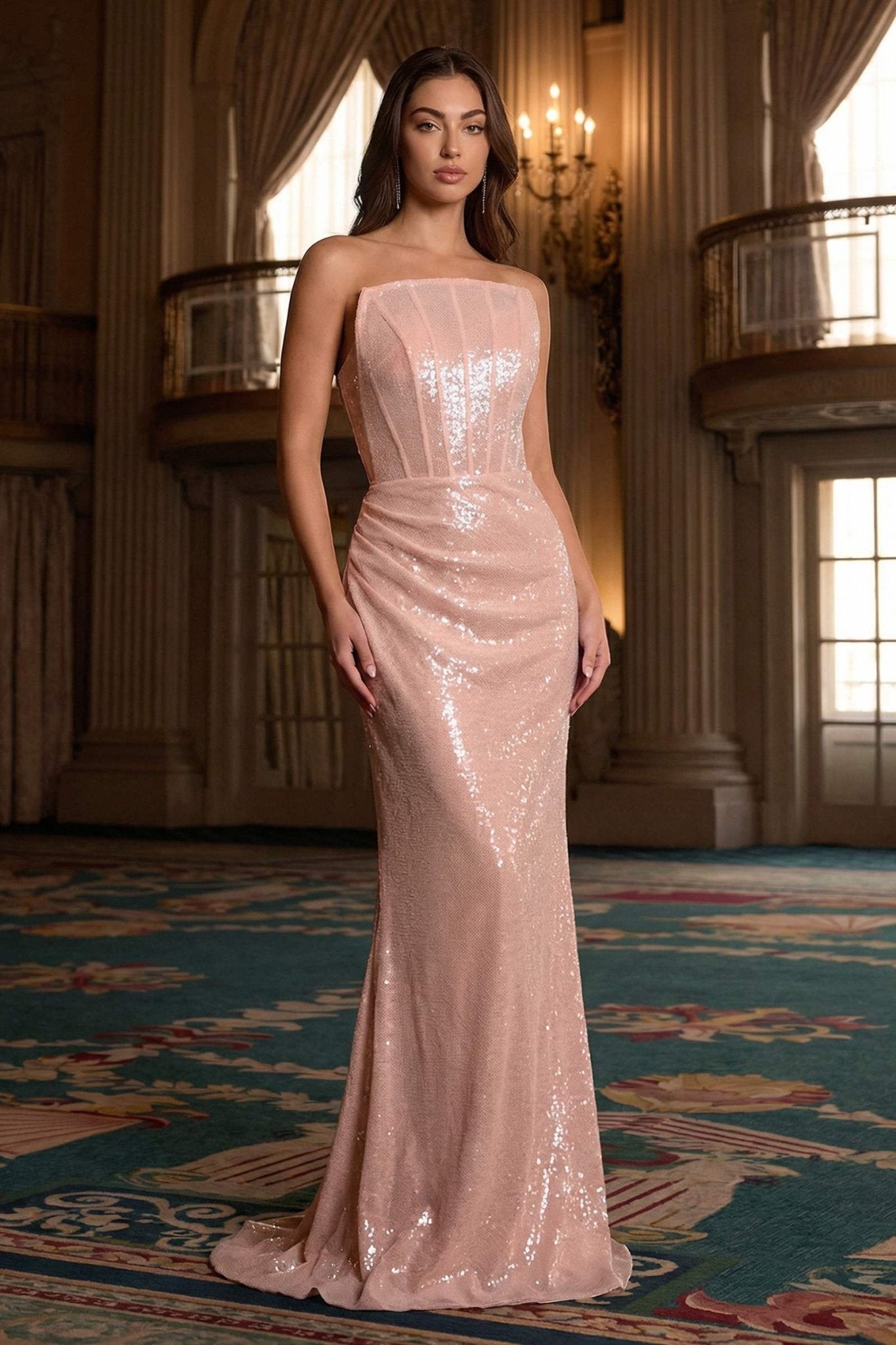 Ladivine J904 Strapless Sequin Fitted Gown Formal Evening Dress - Courbe et Compagnie