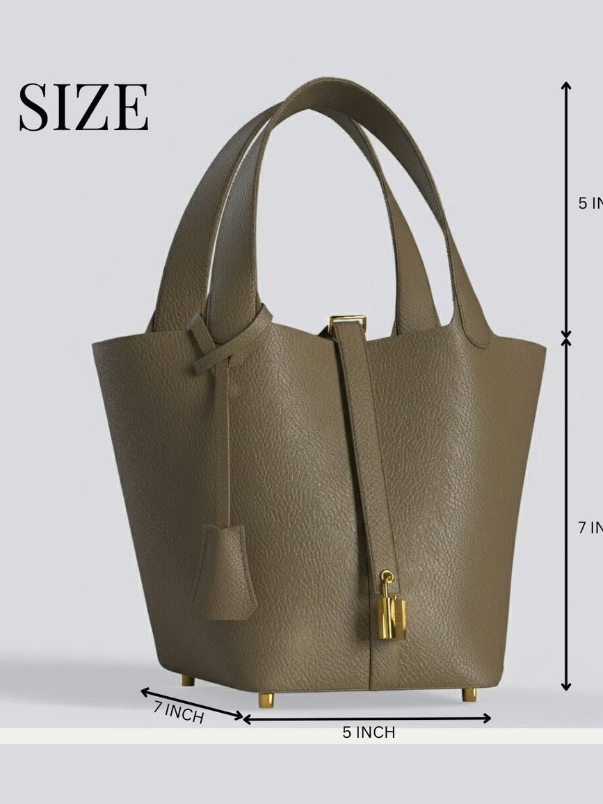 Leather Bucket Bag with Drawstring Pouch – Leather Satchel, Everyday Handbag with Mini Lock Design - Courbe et Compagnie