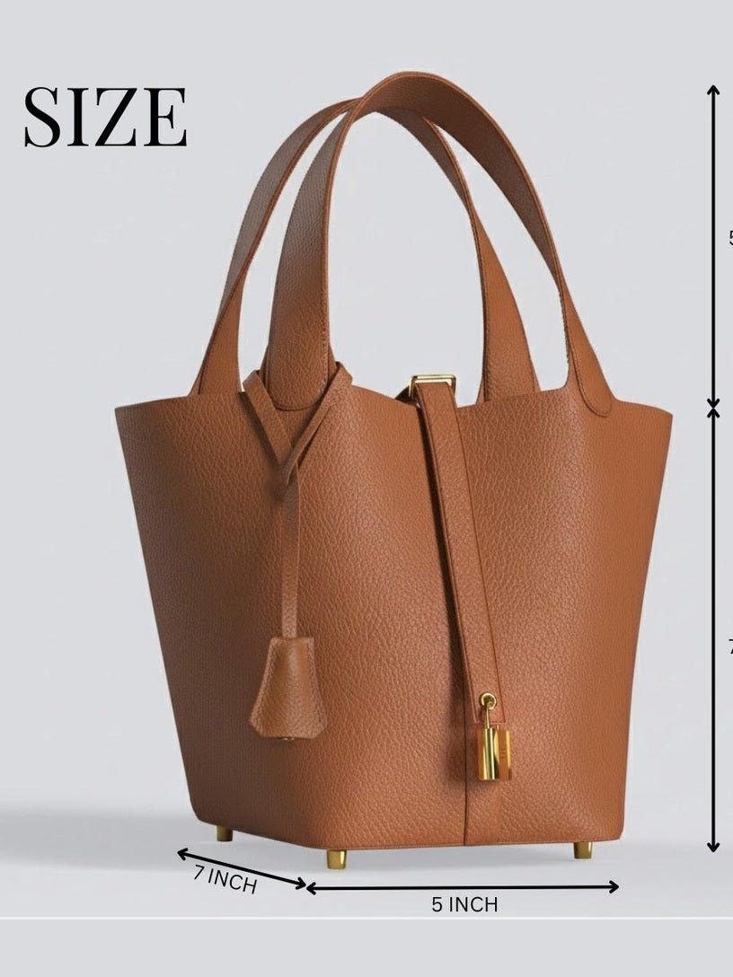 Leather Bucket Bag with Drawstring Pouch – Leather Satchel, Everyday Handbag with Mini Lock Design - Courbe et Compagnie
