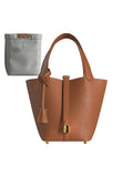 Leather Bucket Bag with Drawstring Pouch – Leather Satchel, Everyday Handbag with Mini Lock Design - Courbe et Compagnie