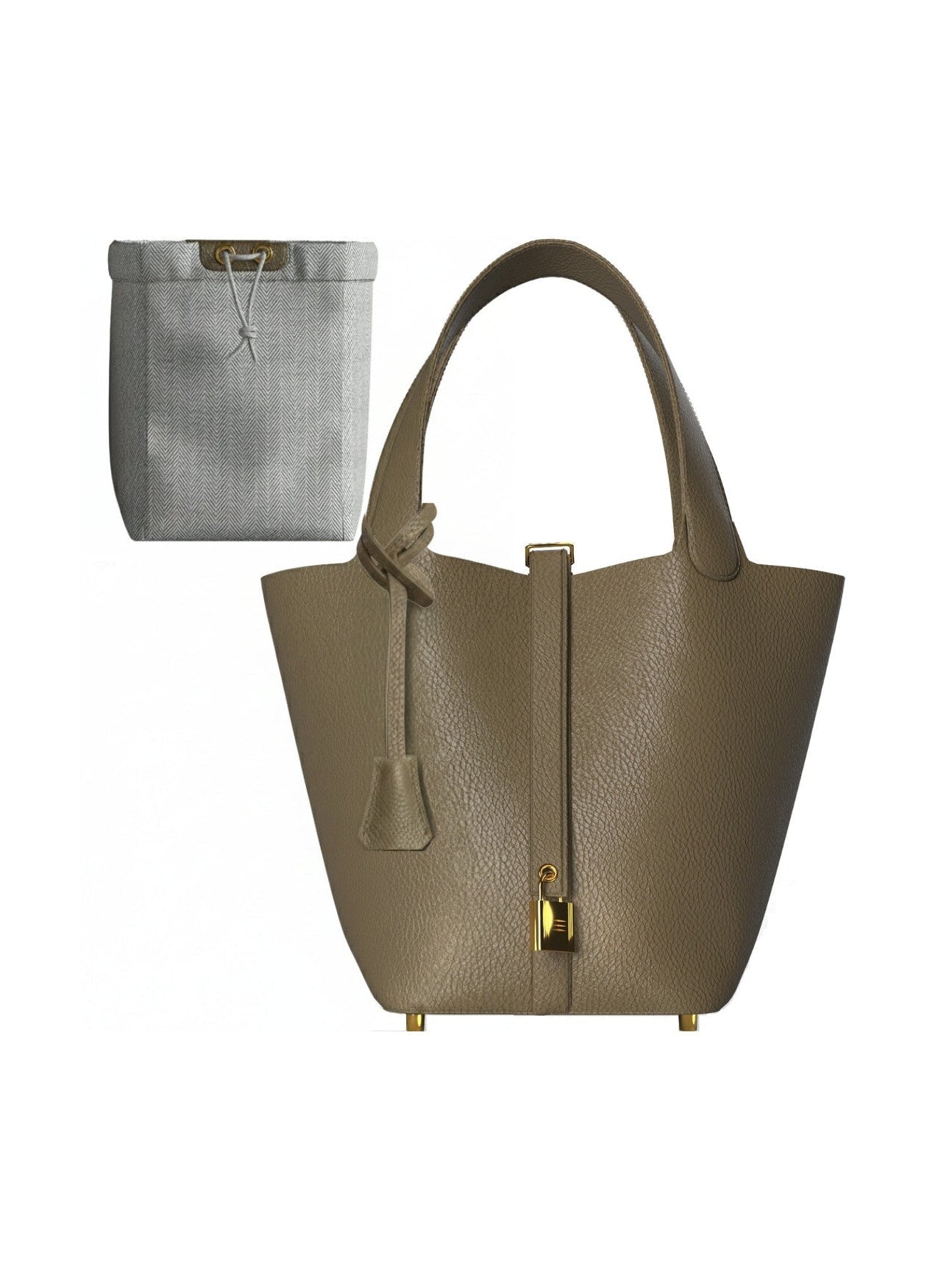 Leather Bucket Bag with Drawstring Pouch – Leather Satchel, Everyday Handbag with Mini Lock Design - Courbe et Compagnie