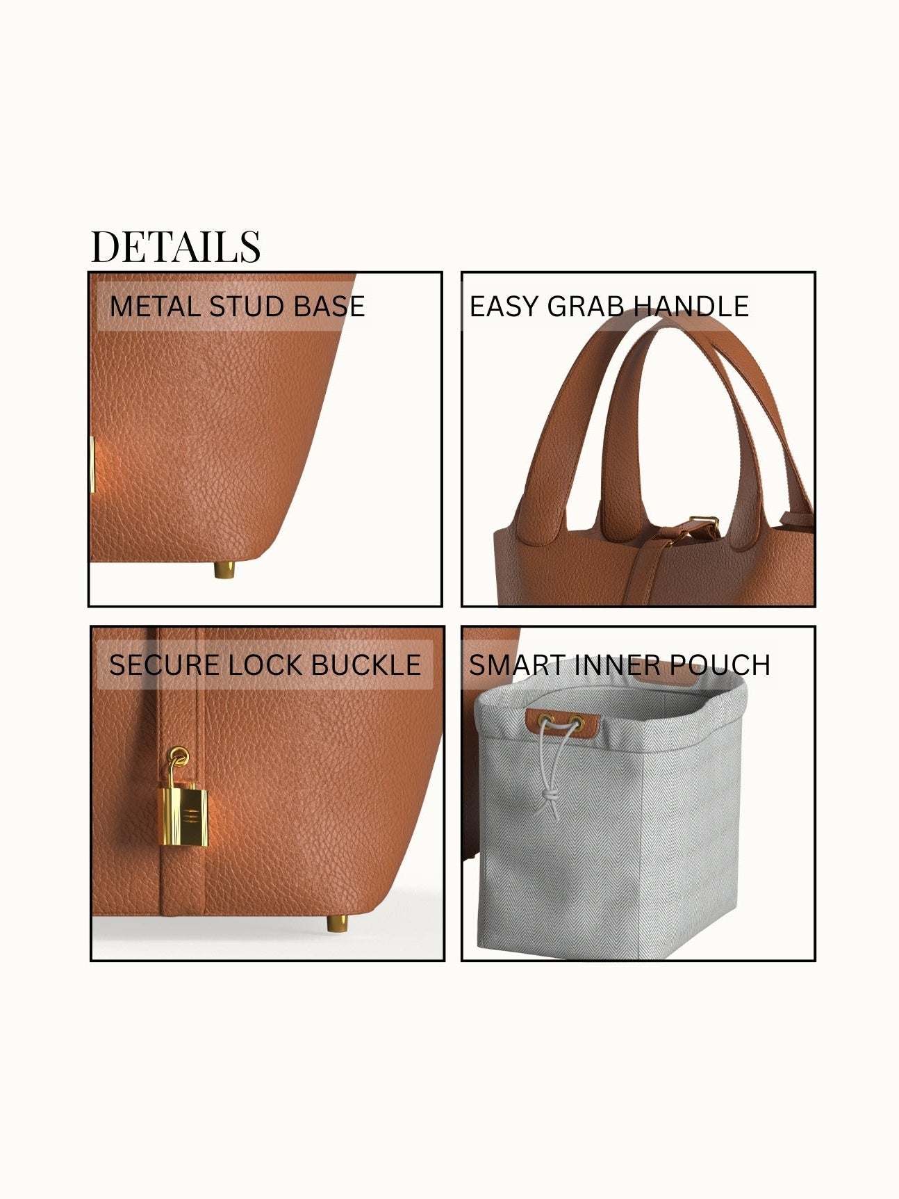 Leather Bucket Bag with Drawstring Pouch – Leather Satchel, Everyday Handbag with Mini Lock Design - Courbe et Compagnie