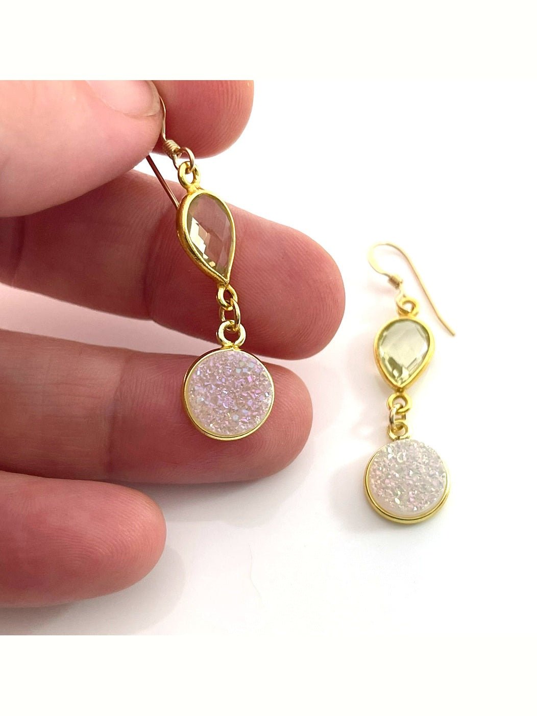 Lemon Quartz & White Druzy Drop Earrings – 14k Gold Filled – Handmade in Raleigh NC – 1.5" Gift-Boxed Jewelry - Courbe et Compagnie