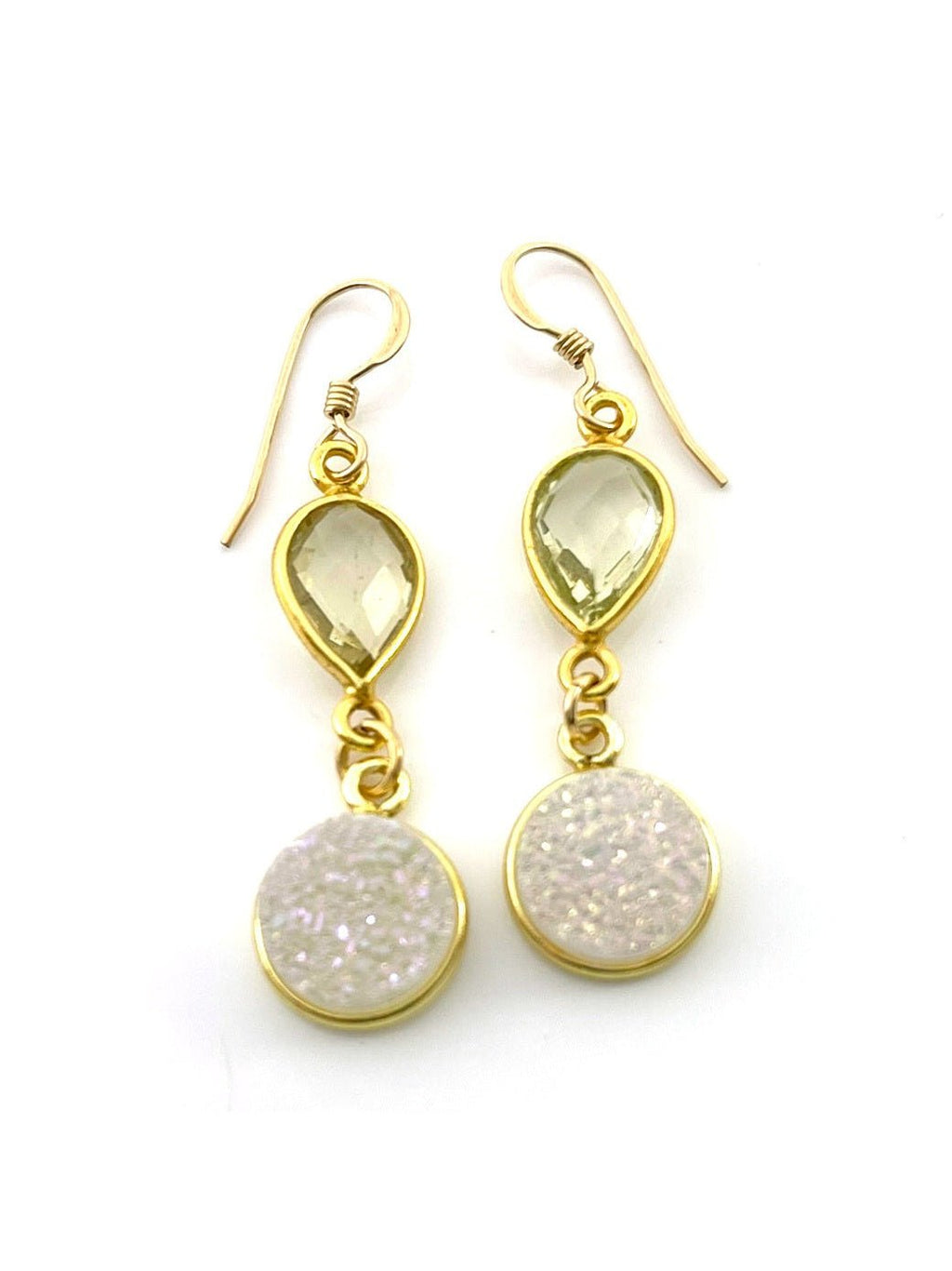 Lemon Quartz & White Druzy Drop Earrings – 14k Gold Filled – Handmade in Raleigh NC – 1.5" Gift-Boxed Jewelry - Courbe et Compagnie