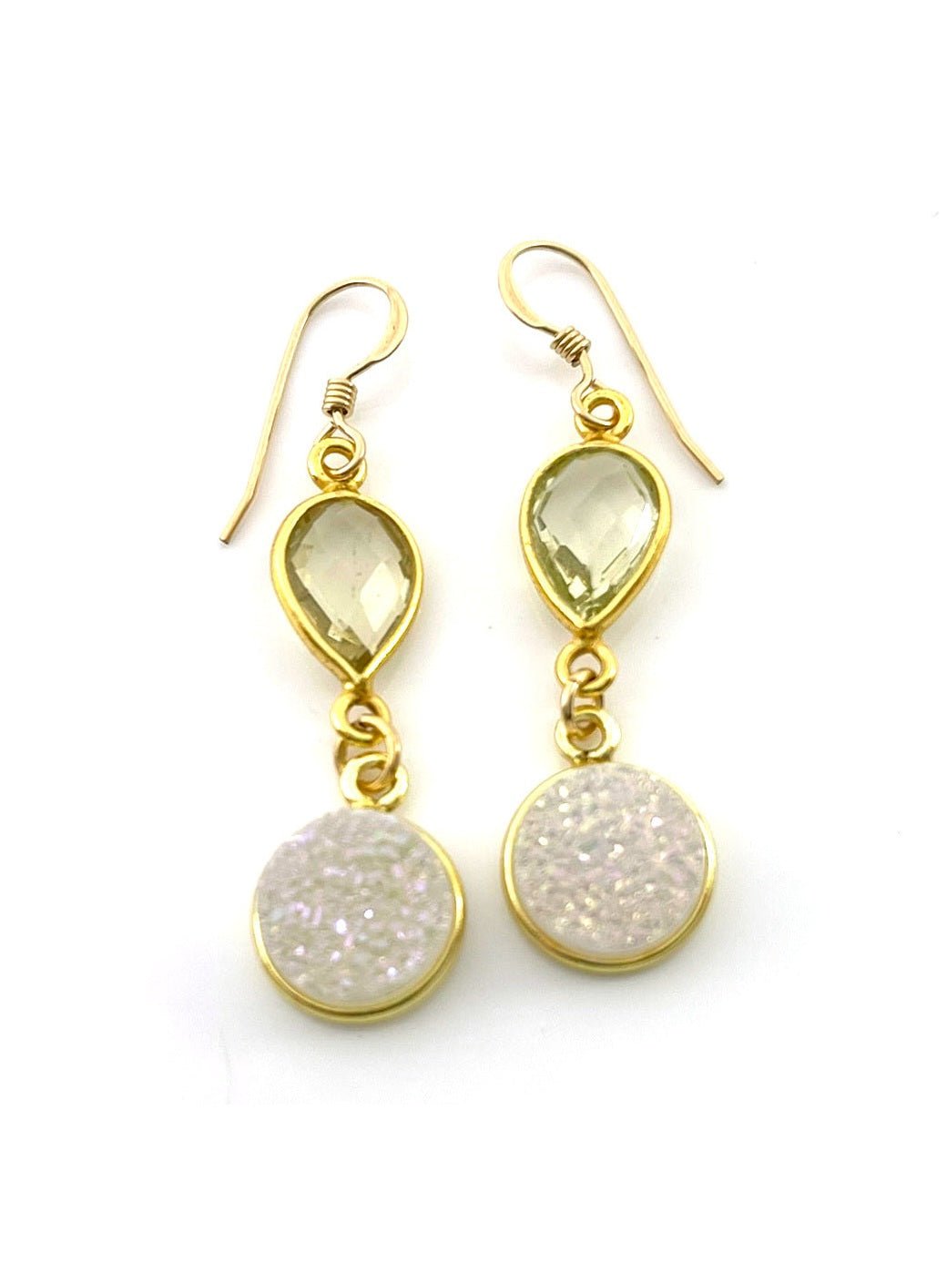 Lemon Quartz & White Druzy Drop Earrings – 14k Gold Filled – Handmade in Raleigh NC – 1.5" Gift-Boxed Jewelry - Courbe et Compagnie